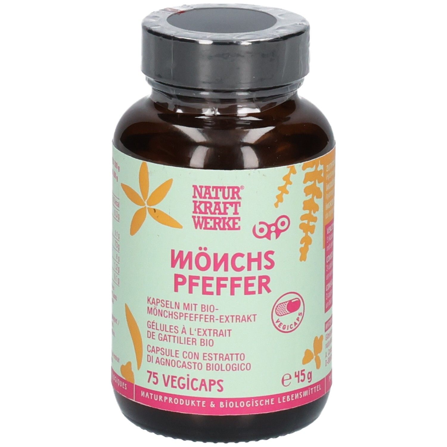 Flasche mit Etikett: Naturkraftwerke Mönchspfeffer Extrakt Bio Vegicaps, 75 Stück.