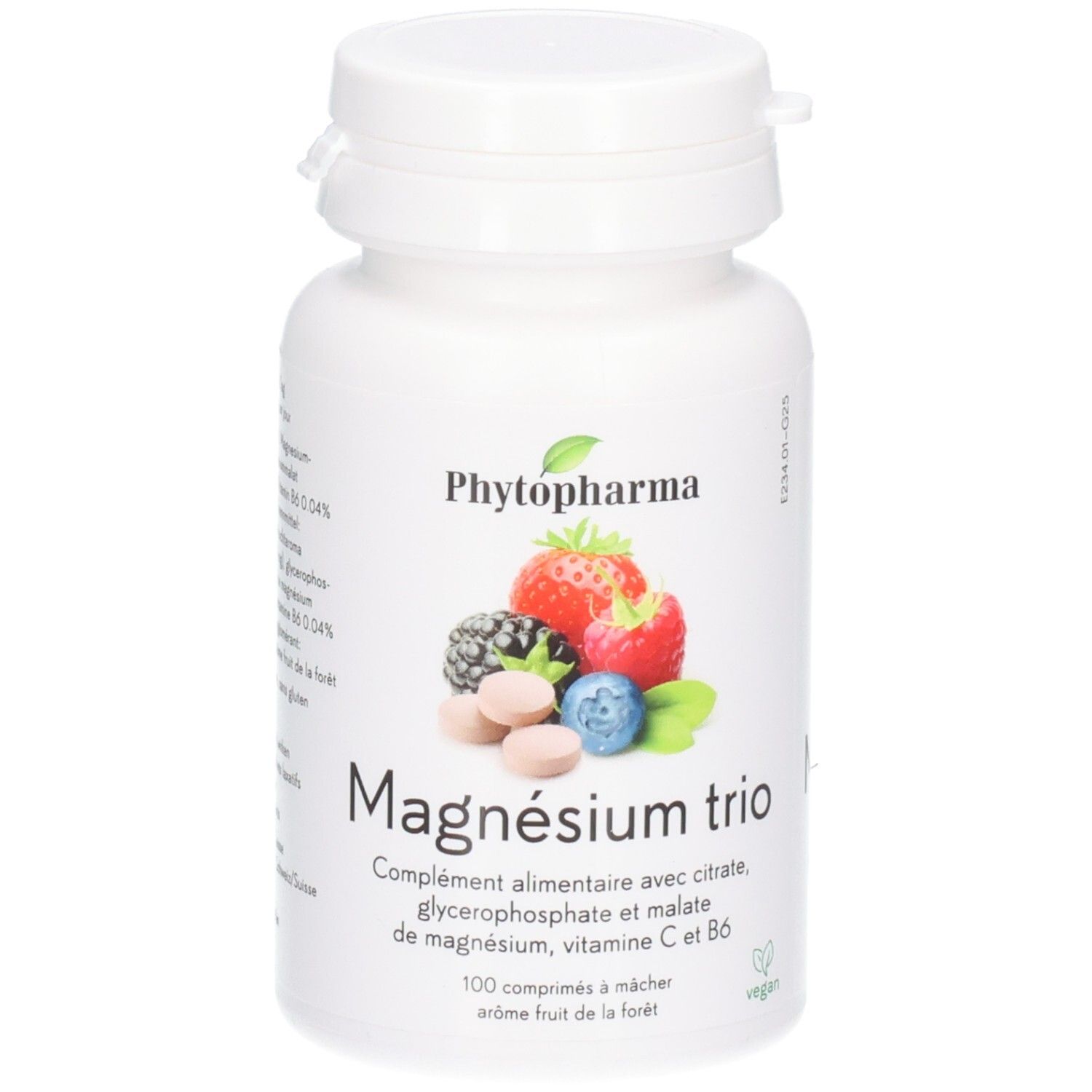 PHYTOPHARMA Magnesium Trio Kautabletten in weißem Behälter mit Beerenmotiv. 100 Kautabletten.