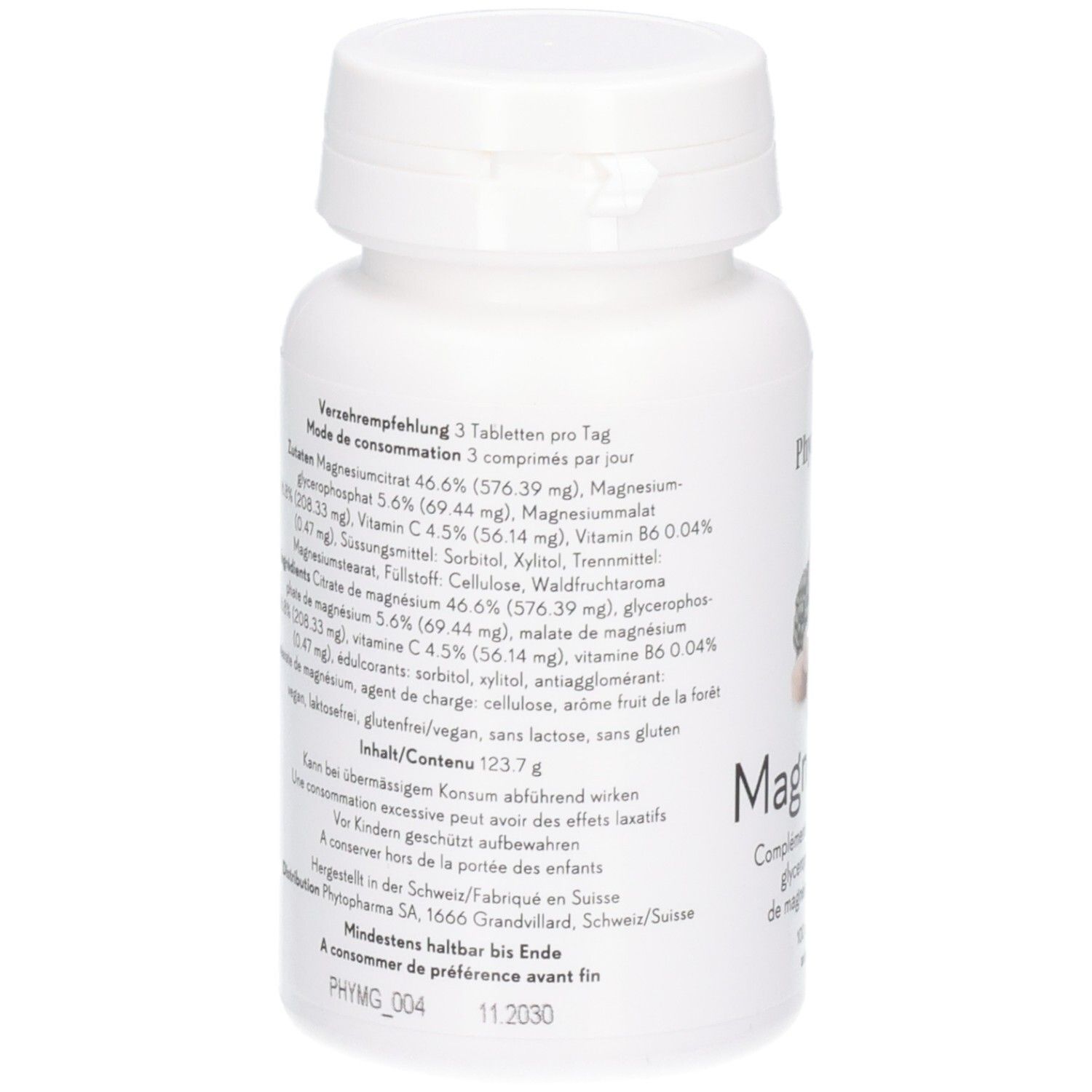 Rückseite des PHYTOPHARMA Magnesium Trio Behälters mit detaillierten Inhaltsangaben und Anwendungshinweisen.