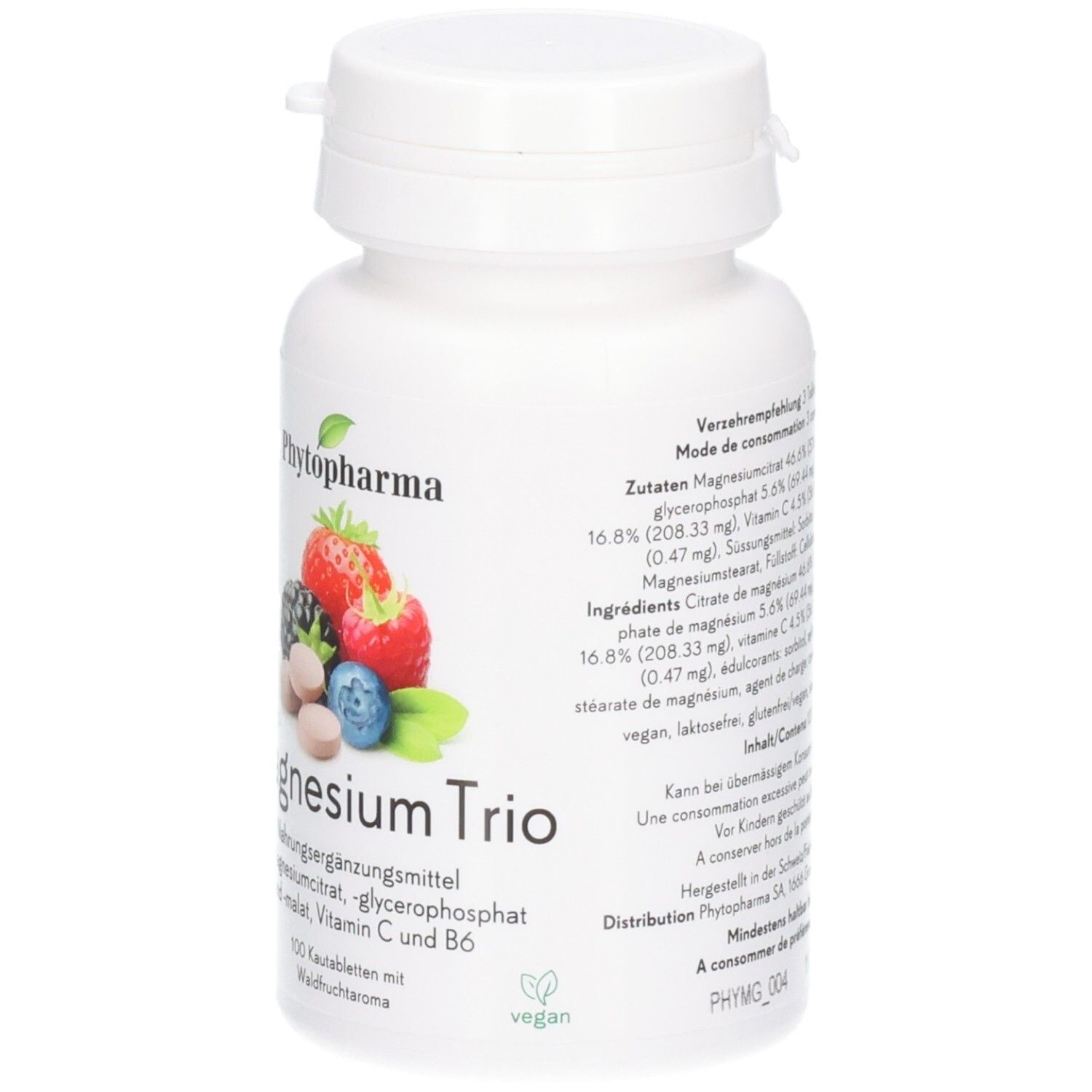 PHYTOPHARMA Magnesium Trio Kautabletten Behälter mit Beerenmotiv und veganem Siegel. 100 Kautabletten.