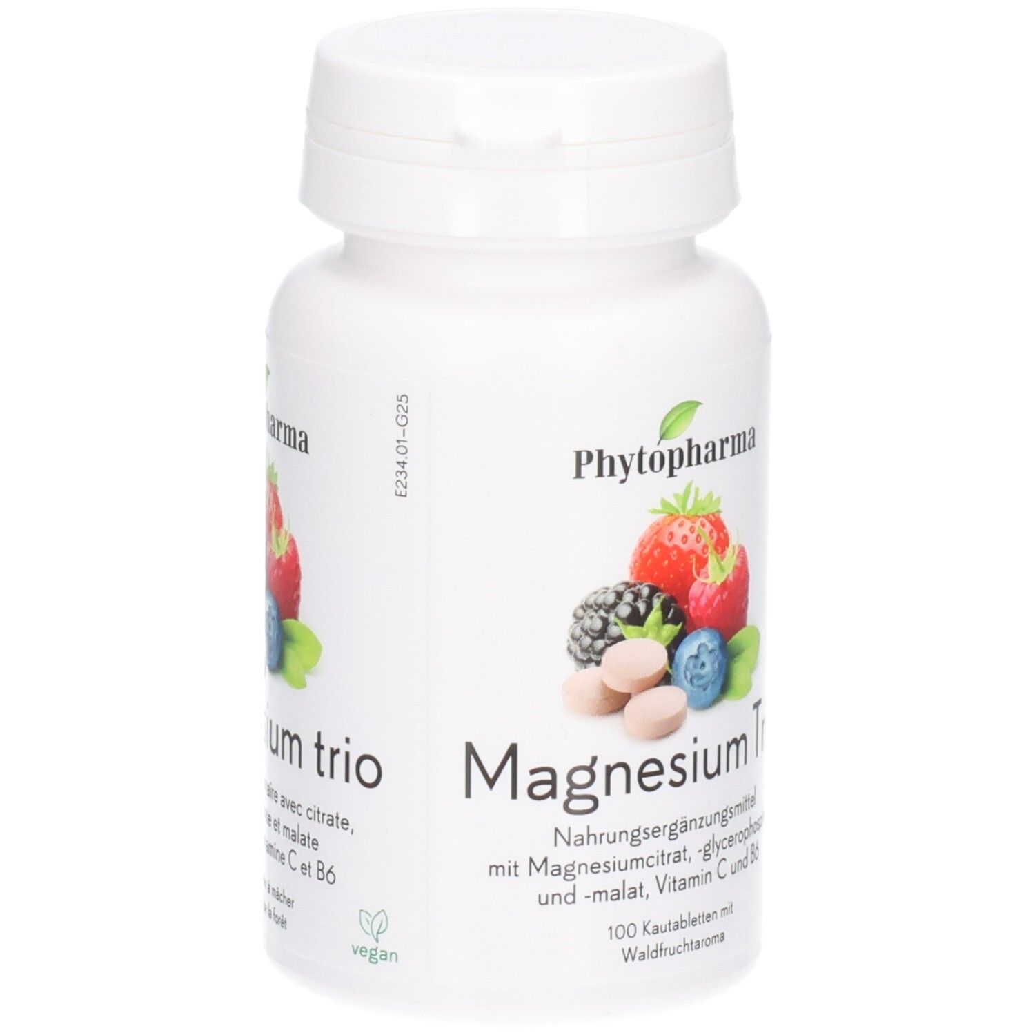 PHYTOPHARMA Magnesium Trio Behälter mit Beerenmotiv und veganem Siegel. 100 Kautabletten.
