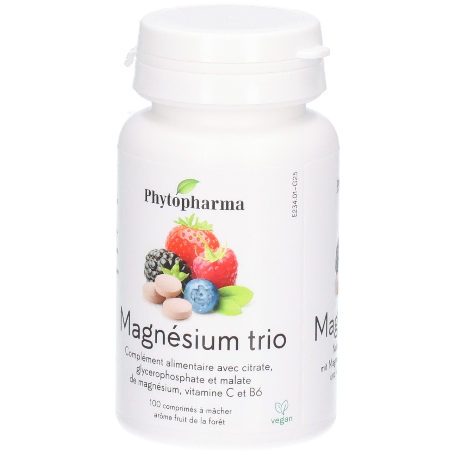 PHYTOPHARMA Magnesium Trio Behälter mit Beerenmotiv. 100 Kautabletten, Waldbeergeschmack.