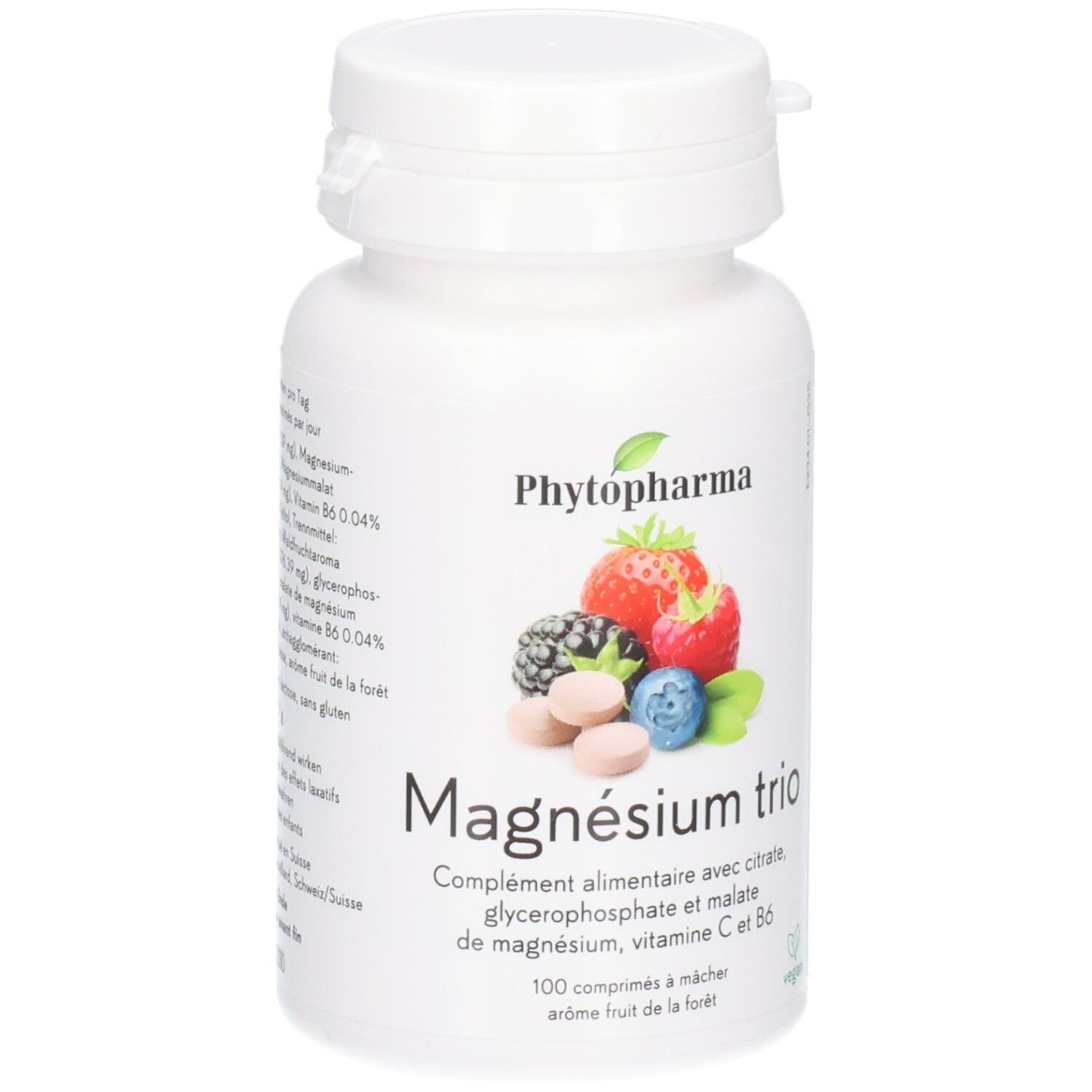 PHYTOPHARMA Magnesium Trio Behälter mit Beerenmotiv. 100 Kautabletten, Waldbeergeschmack.