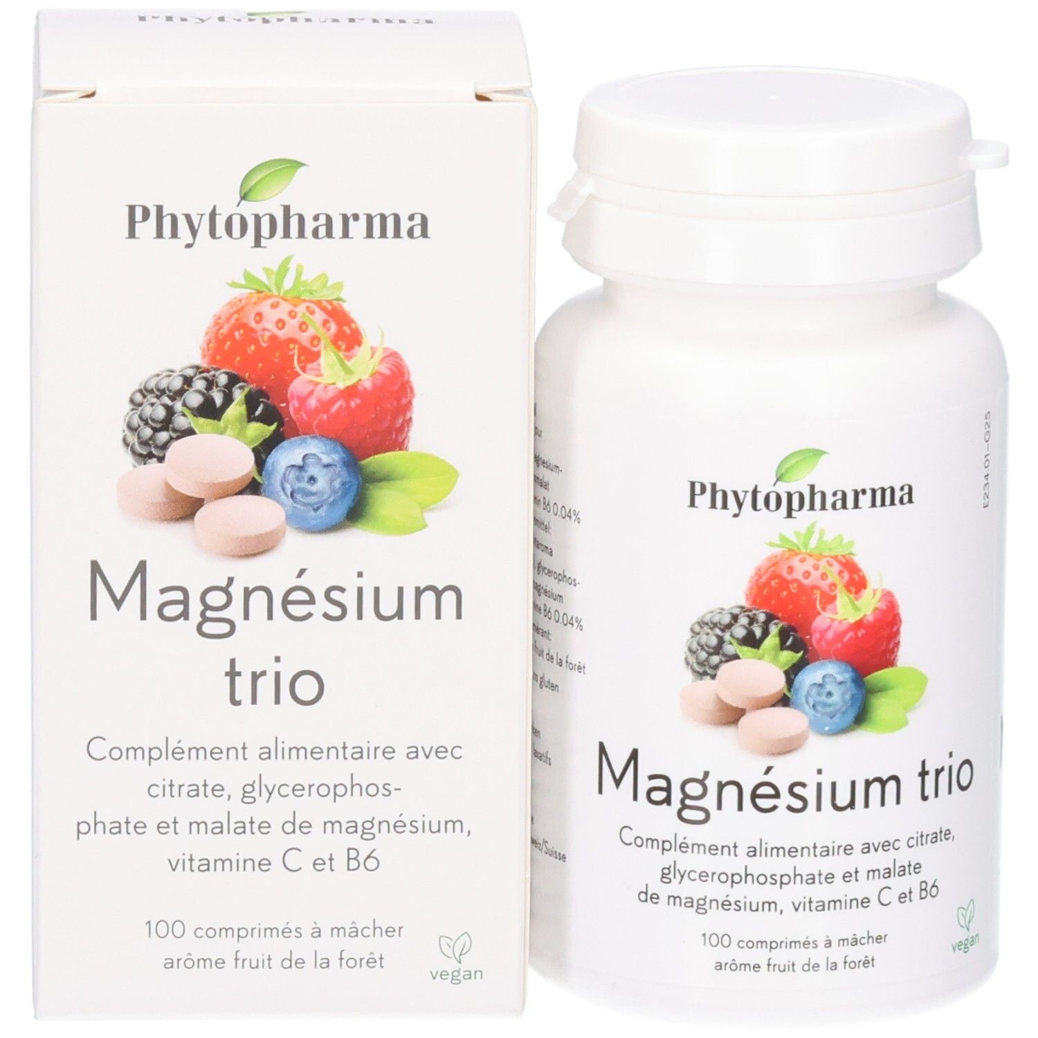 PHYTOPHARMA Magnesium Trio Behälter und Faltschachtel mit Beerenmotiv. 100 Kautabletten.