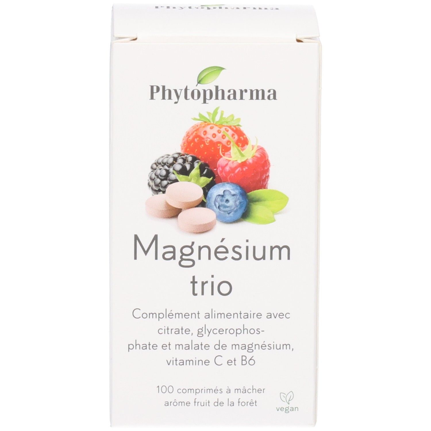 Faltschachtel PHYTOPHARMA Magnesium Trio mit Beerenmotiv. 100 Kautabletten, vegan.