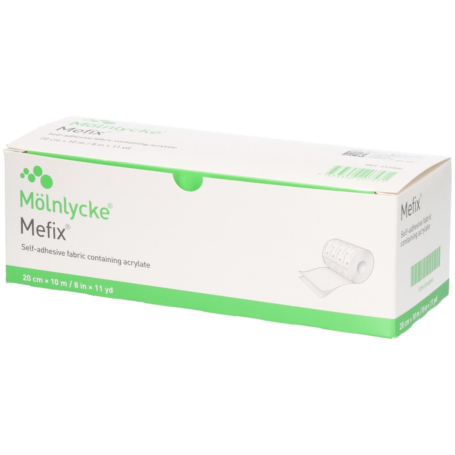 Mölnlycke Mefix Pansement adhésif: Boîte blanche avec accents verts, nom du produit et dimensions indiqués.