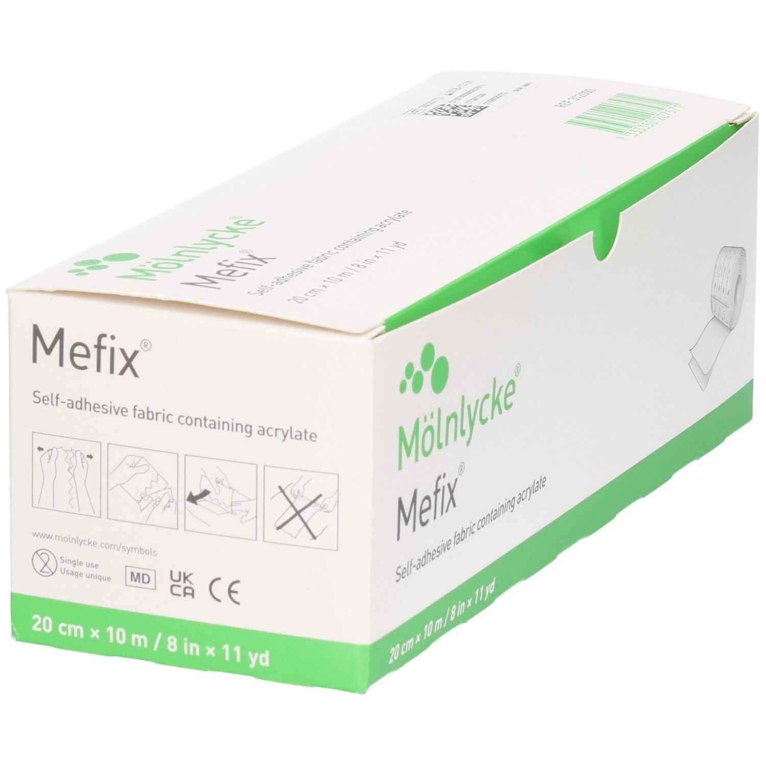 Mölnlycke Mefix Pansement adhésif: Boîte avec instructions d'utilisation, marquage CE et informations produit.