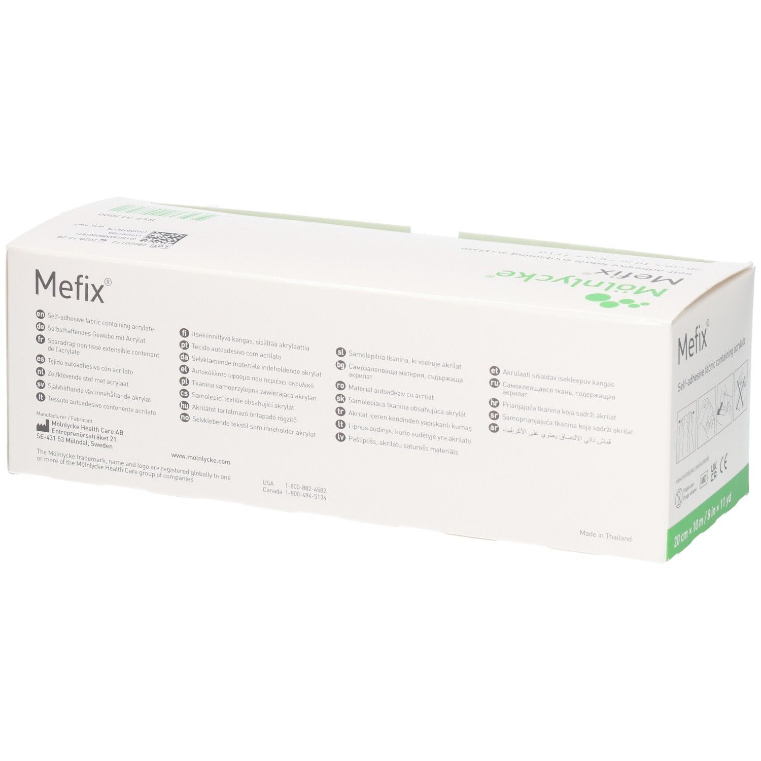 Arrière de l'emballage Mölnlycke Mefix Pansement adhésif avec instructions d'utilisation multilingues et site web.