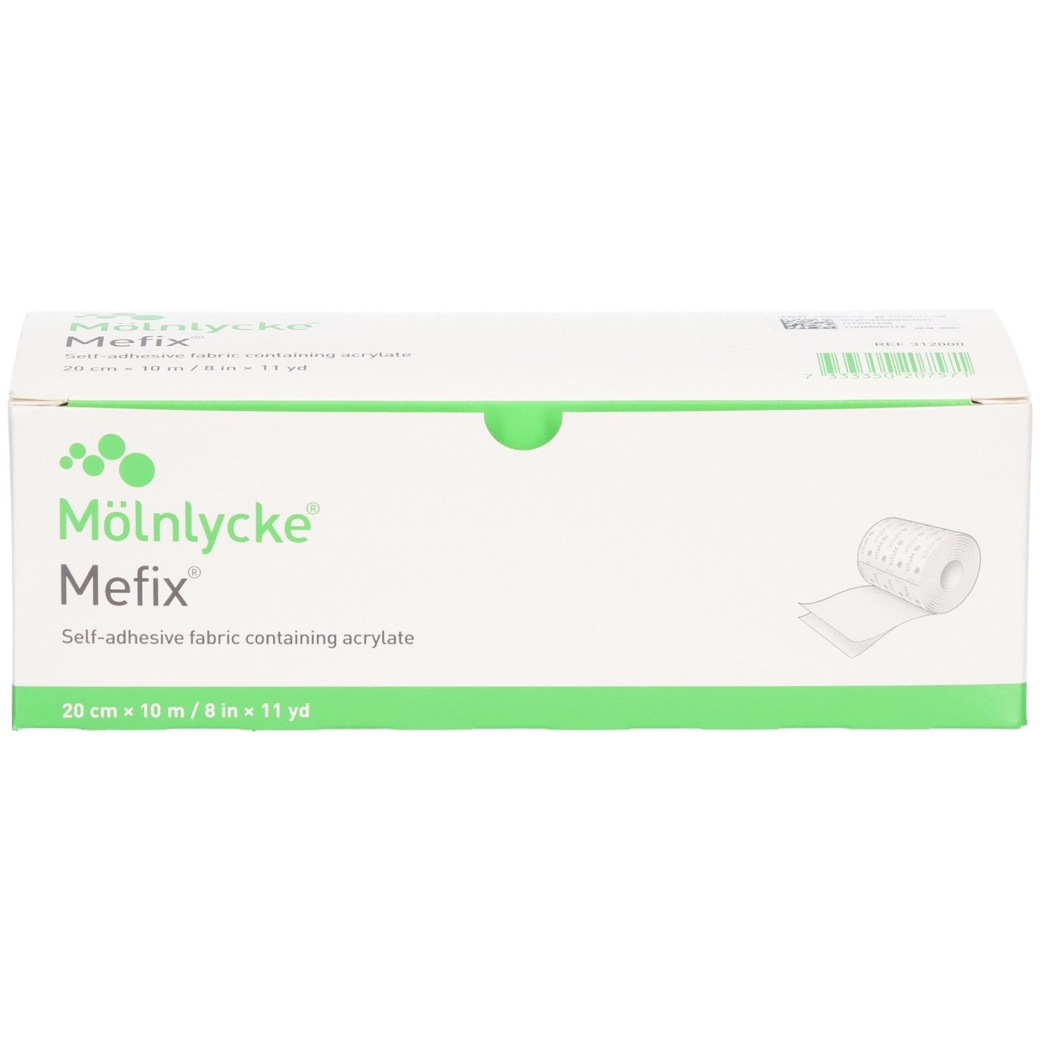 Mölnlycke Mefix Pansement adhésif: Boîte blanche avec accents verts, nom du produit et dimensions indiqués.