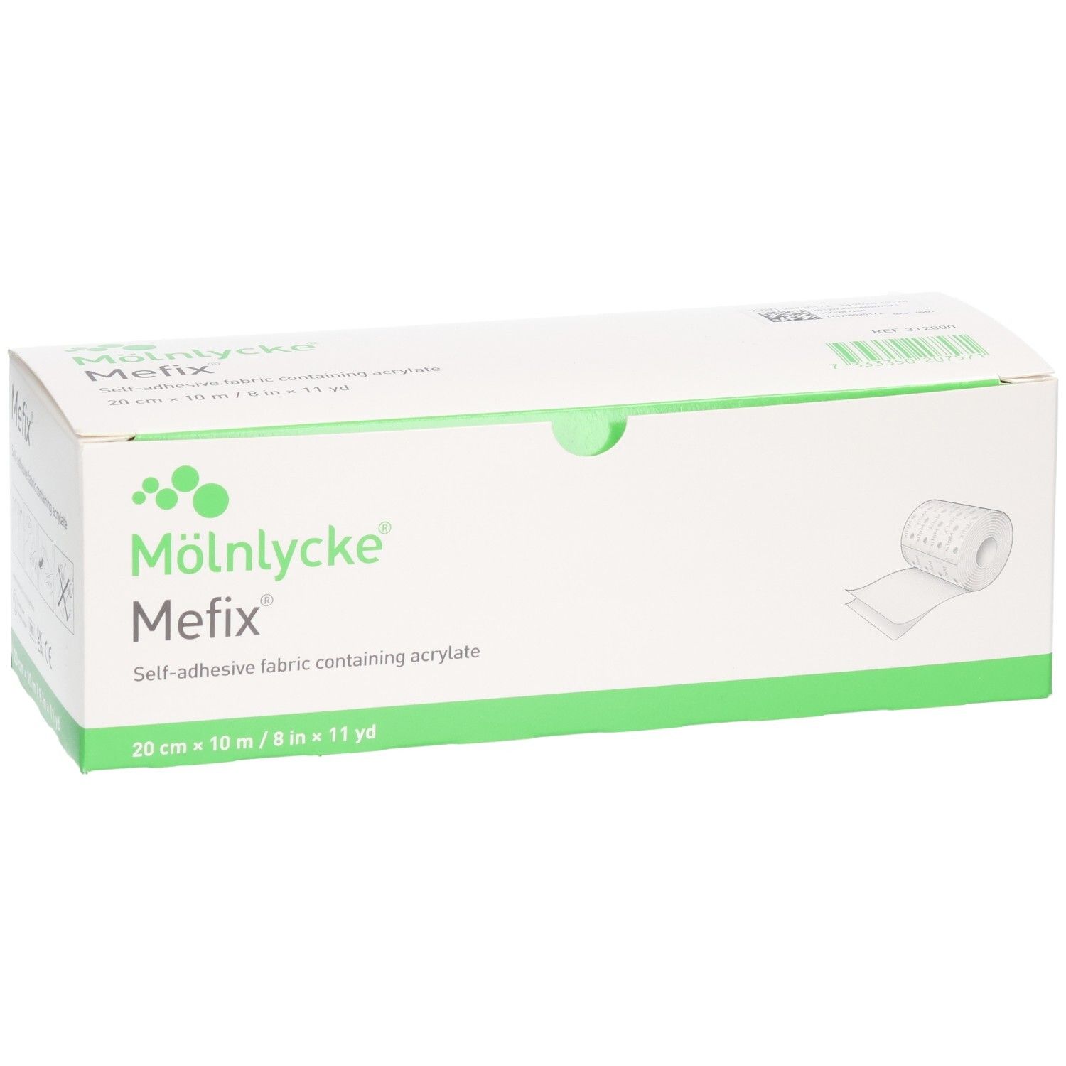 Mölnlycke Mefix Pansement adhésif: Boîte blanche avec accents verts, nom du produit et dimensions indiqués.