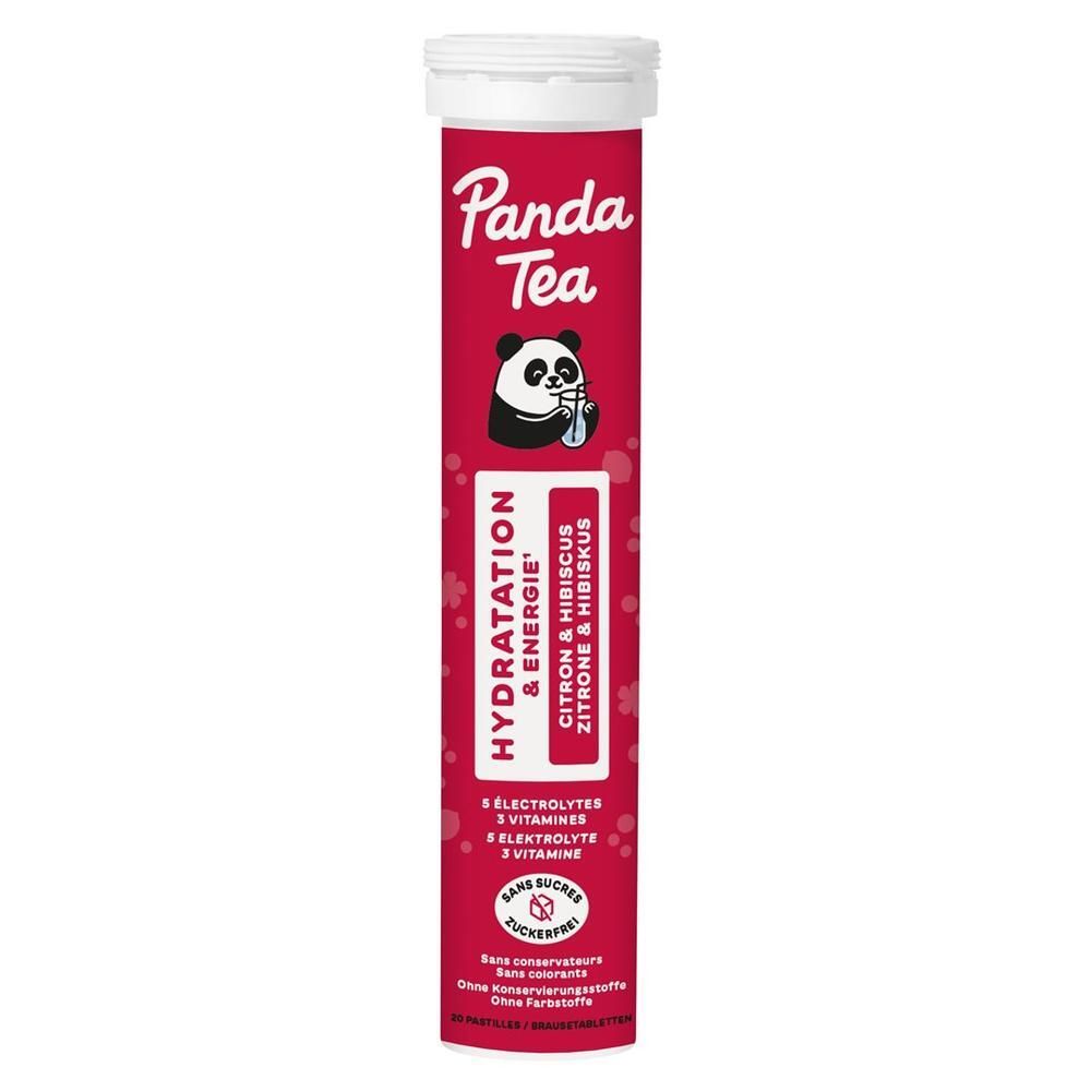Panda Tea Brausetabletten-Tube: Zitrone & Hibiskus, 20 Stück. Enthält Elektrolyte und Vitamine.