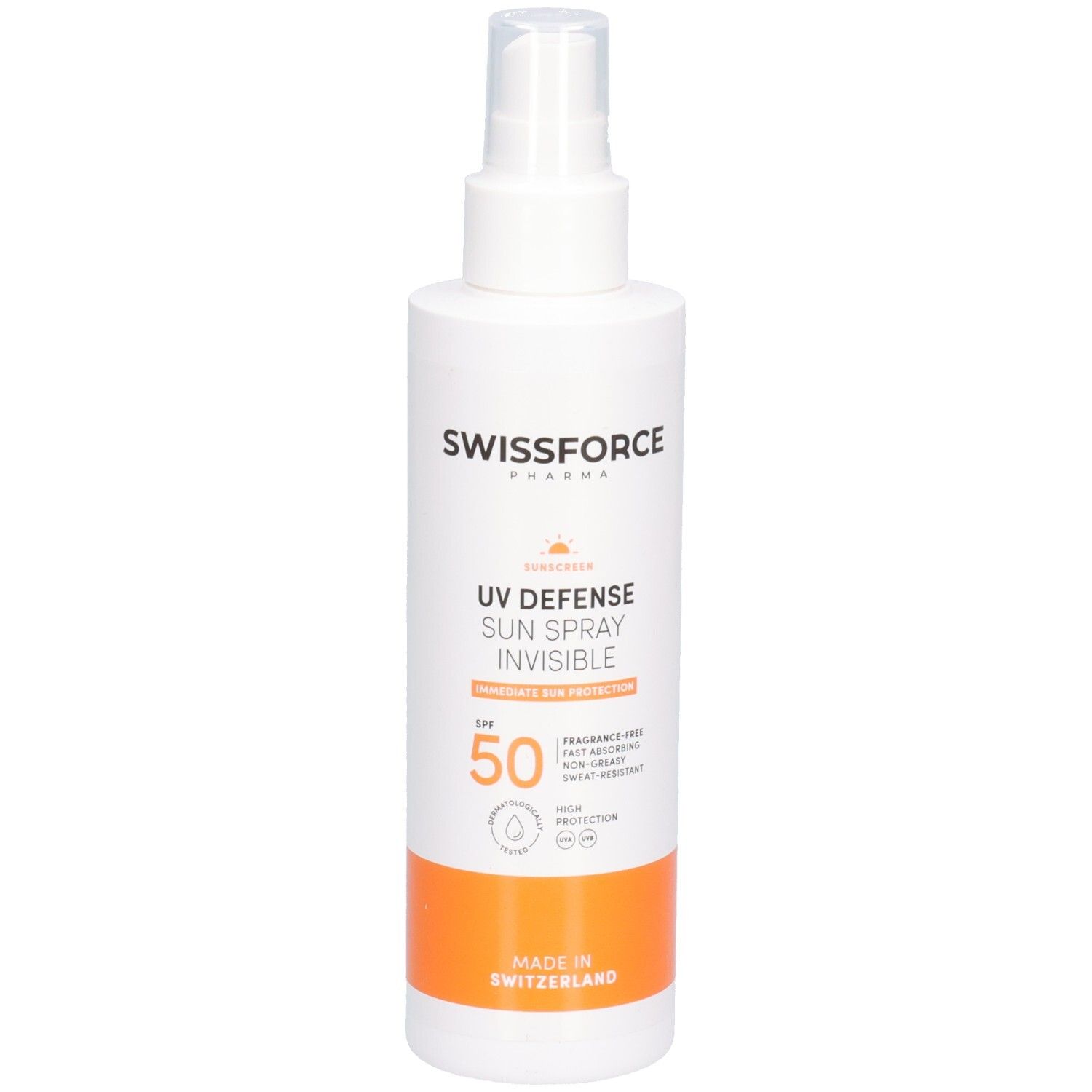 Weißes Sonnenspray mit Sprühkopf. Orangefarbener Streifen am unteren Ende. Aufschrift: UV Defense Sun Spray Invisible, LSF 50.