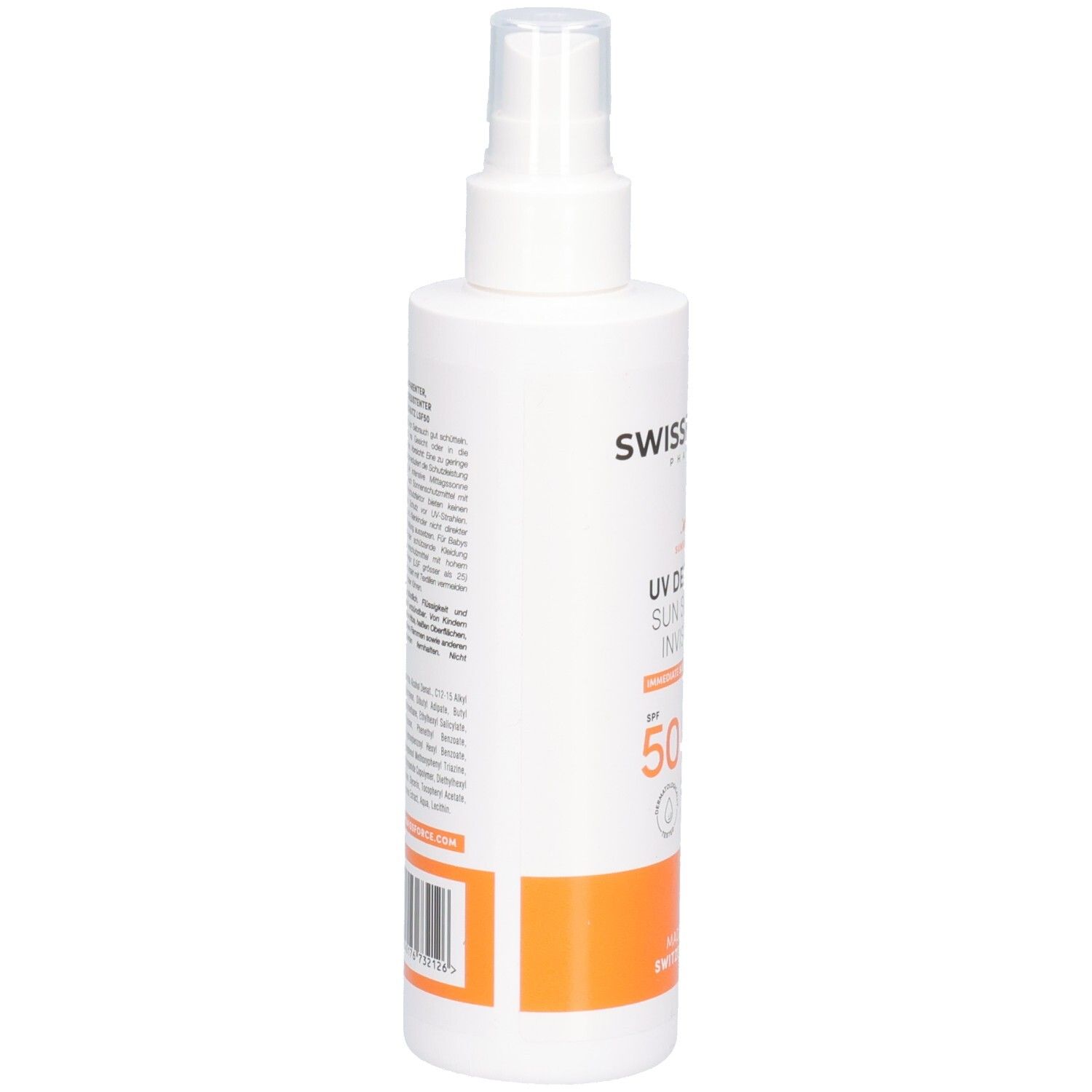 Weißes Sonnenspray mit Sprühkopf. Rückseite mit Text. Orangefarbener Streifen am unteren Ende. Made in Switzerland.