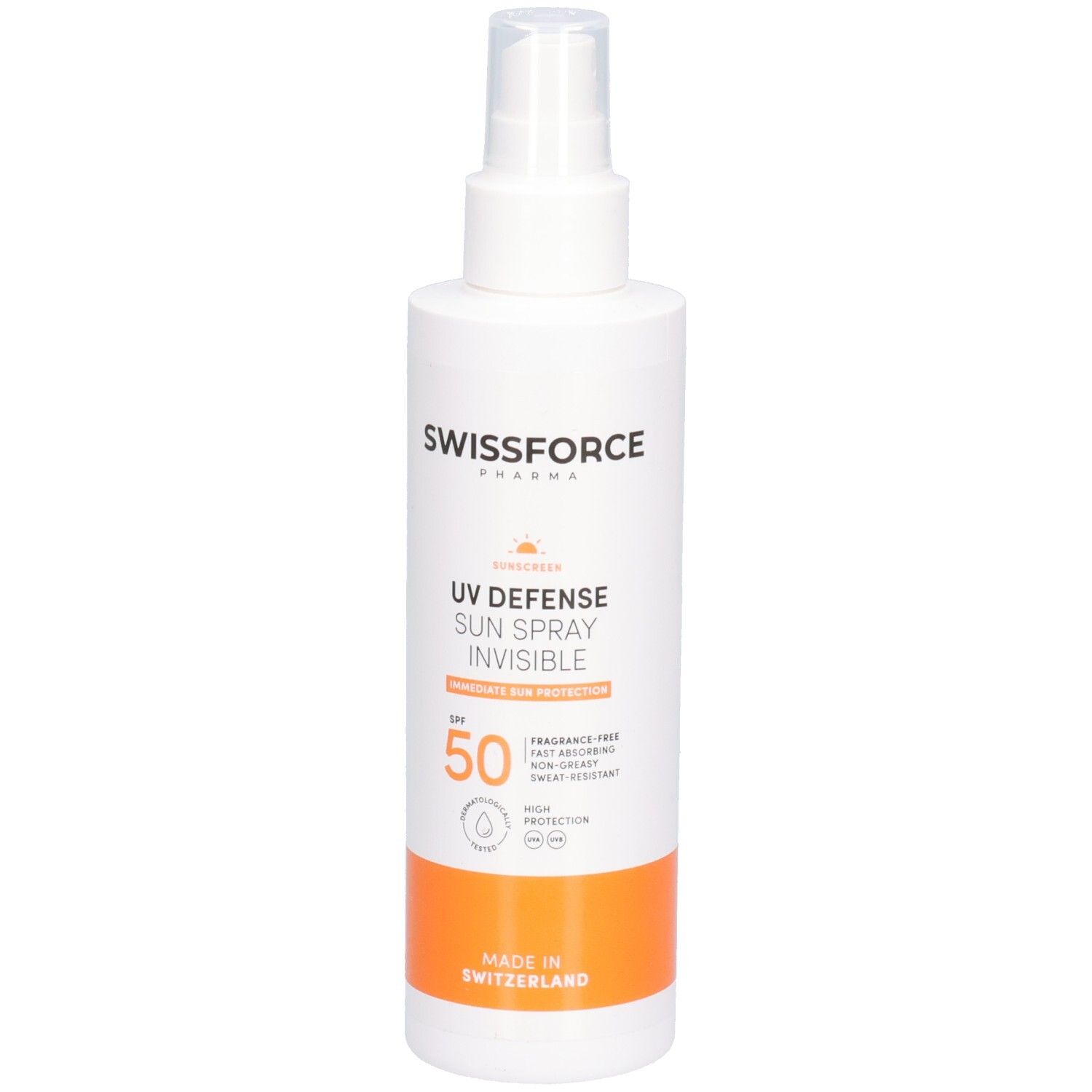 Weißes Sonnenspray mit Sprühkopf. Orangefarbener Streifen am unteren Ende. Aufschrift: UV Defense Sun Spray Invisible, LSF 50.