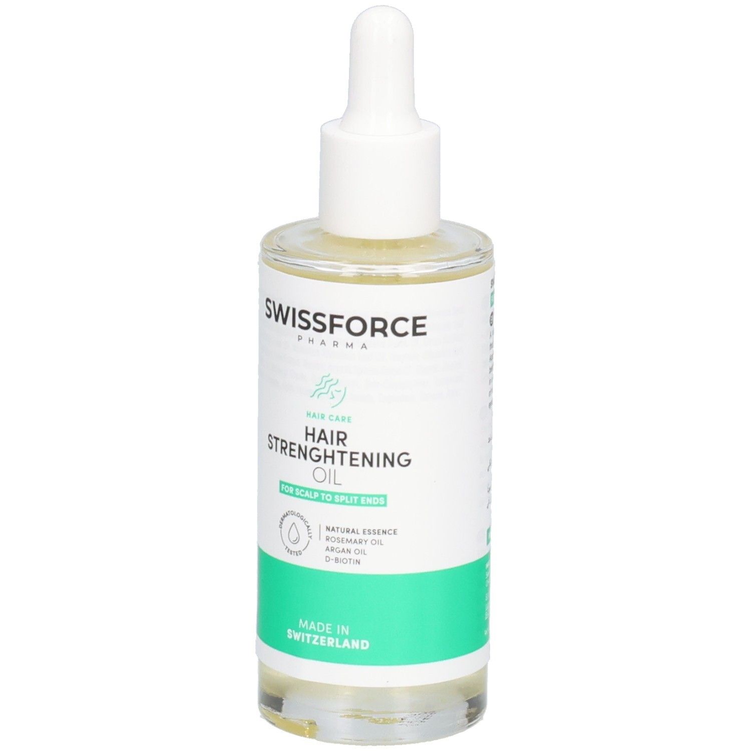 Klare Glasflasche mit weißem Deckel und Pipette. Etikett mit Swissforce-Logo und Produktbezeichnung. Grün-weißes Design.