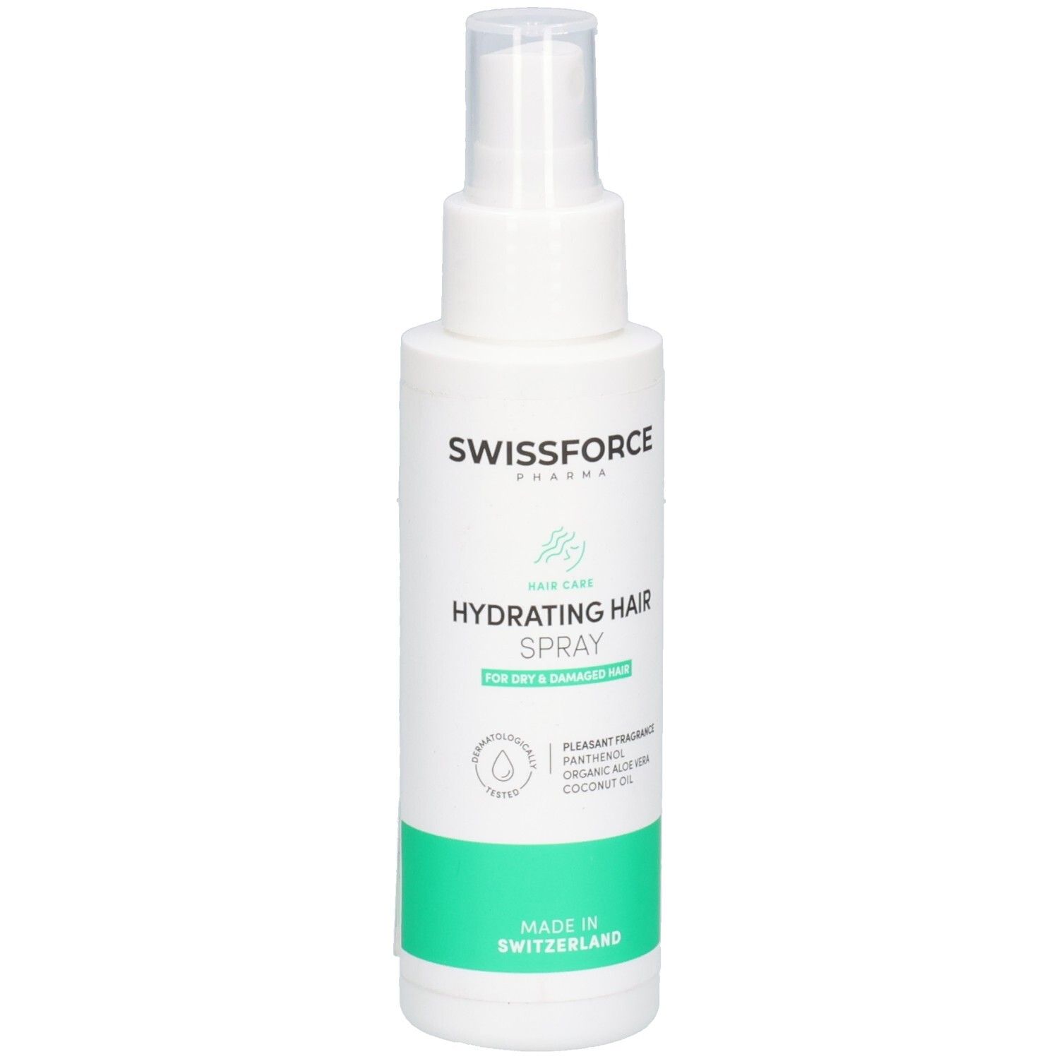 Flacon spray blanc avec bande verte. Inscription: SWISSFORCE, Hydrating Hair Spray. Pour cheveux secs. Avec certification.