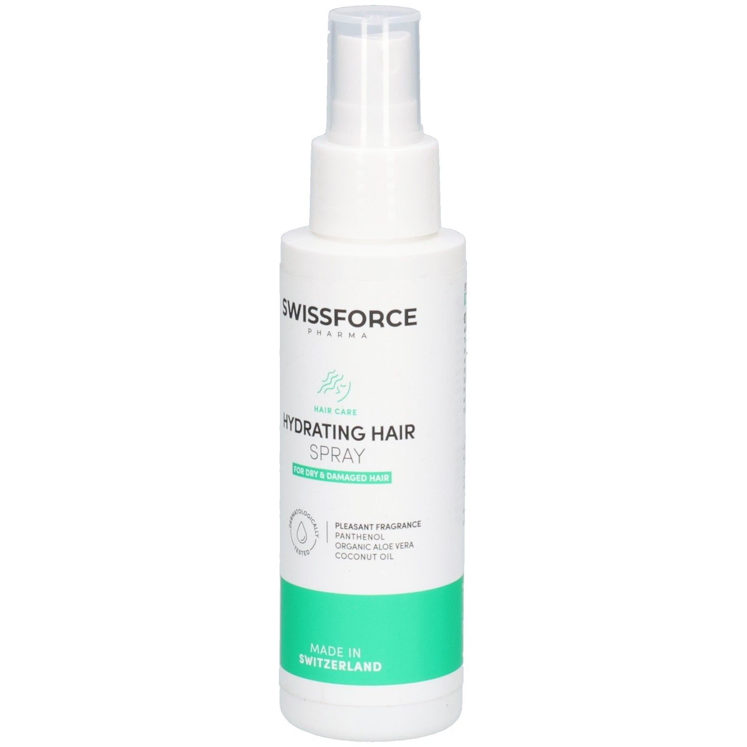 Flacon spray blanc avec bande verte. Inscription: SWISSFORCE, Hydrating Hair Spray. Pour cheveux secs. Avec certification.