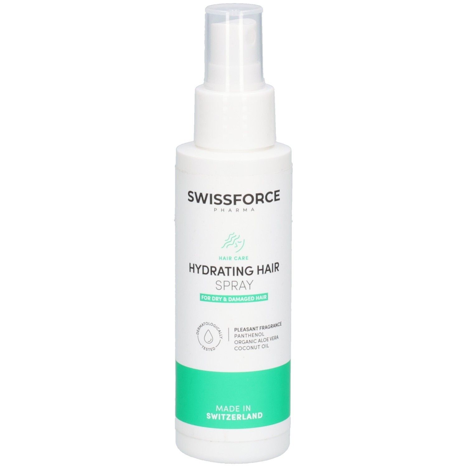 Flacon spray blanc avec bande verte. Inscription: SWISSFORCE, Hydrating Hair Spray. Pour cheveux secs. Avec certification.
