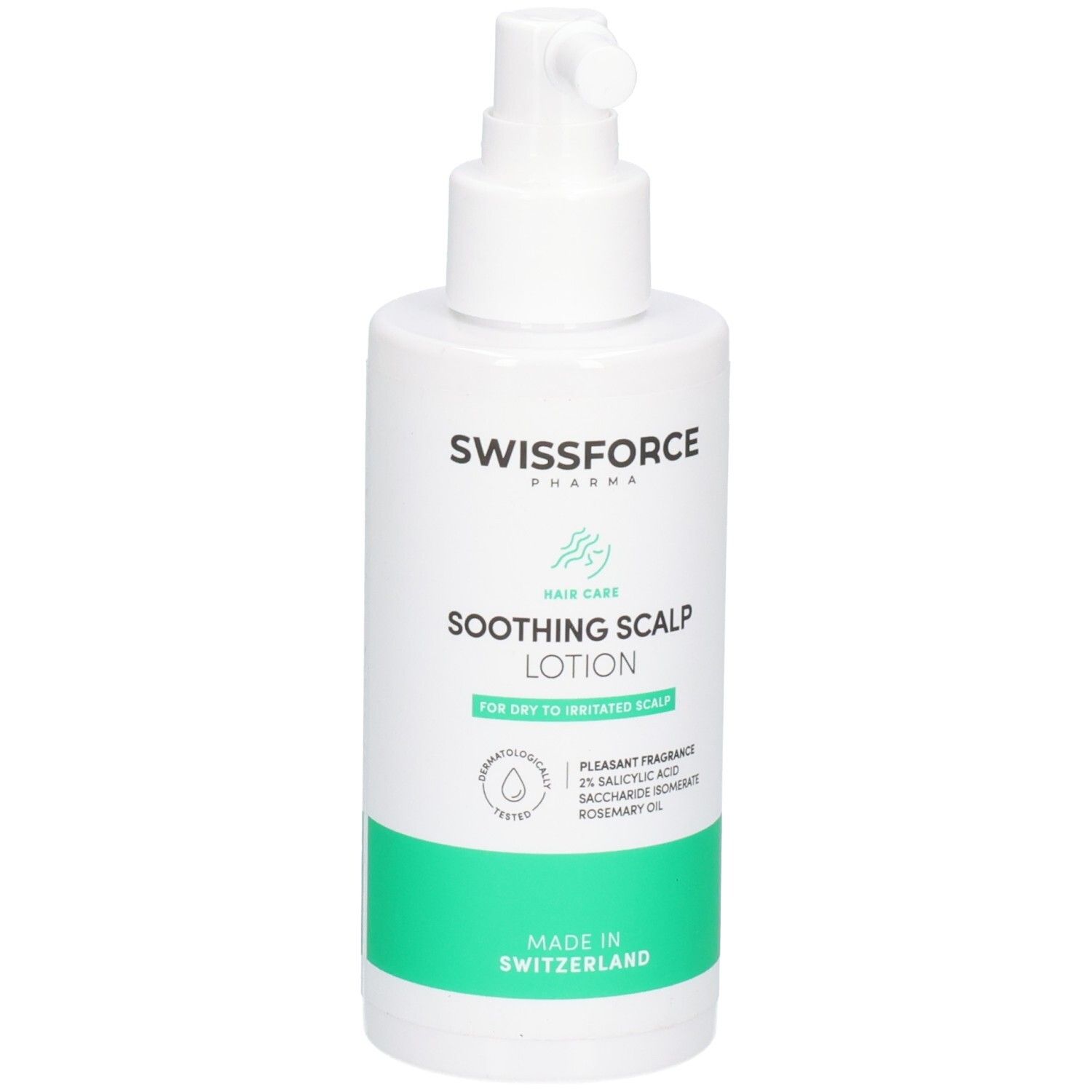 Swissforce Pharma Haar-Pflege beruhigendes Kopfhaut-Lotion, Rückseite mit Anwendungshinweisen und Barcode.