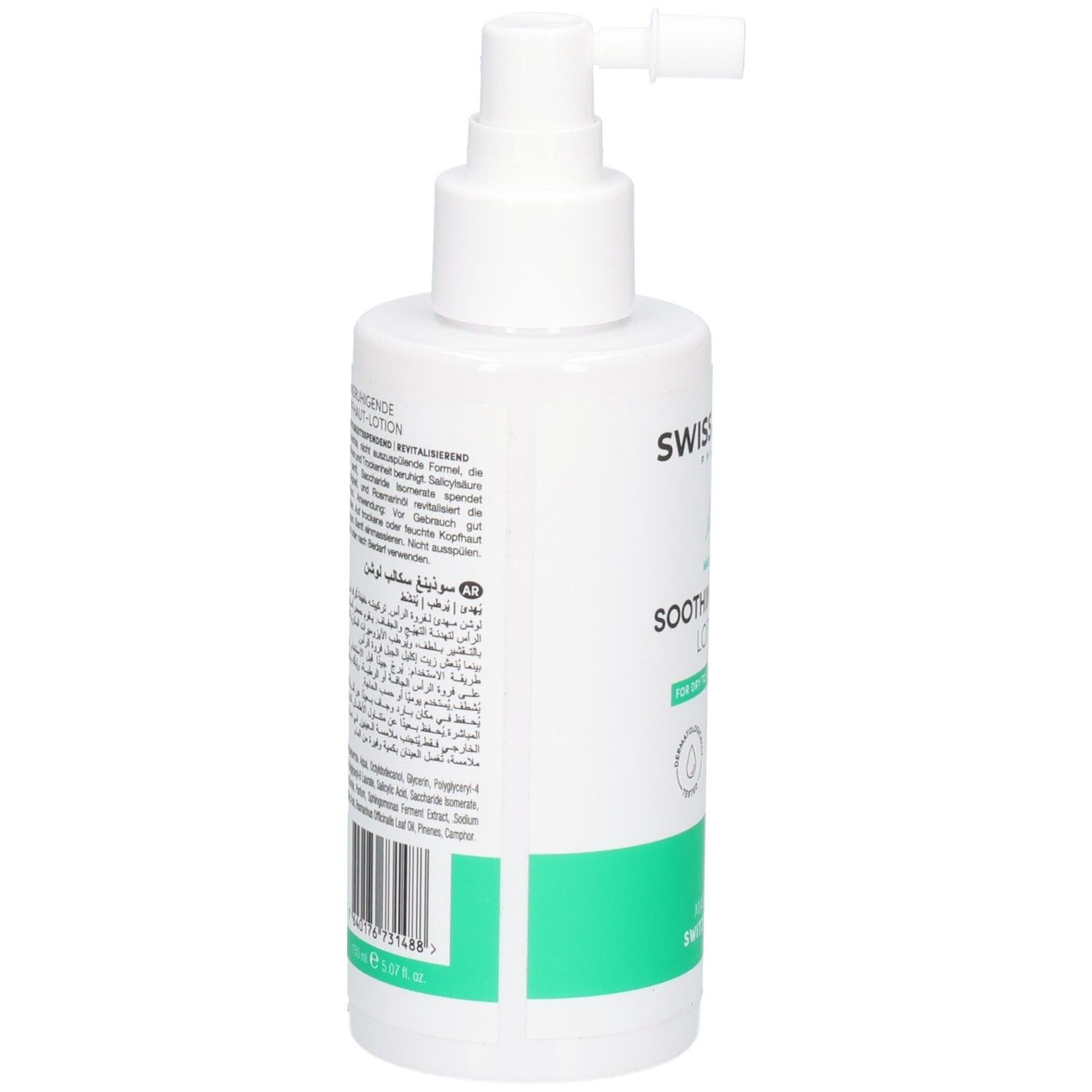 Swissforce Pharma Haar-Pflege beruhigendes Kopfhaut-Lotion, Rückseite mit Anwendungshinweisen.