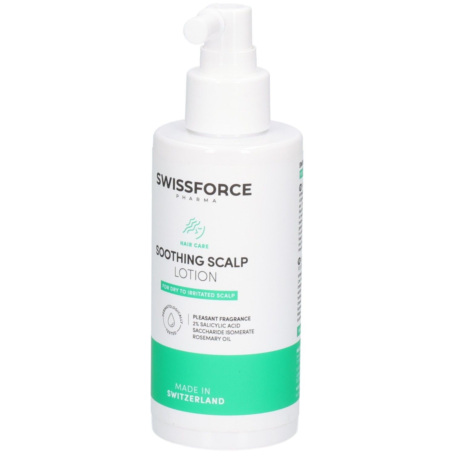 Swissforce Pharma Haar-Pflege beruhigendes Kopfhaut-Lotion, Rückseite mit Anwendungshinweisen und Barcode.