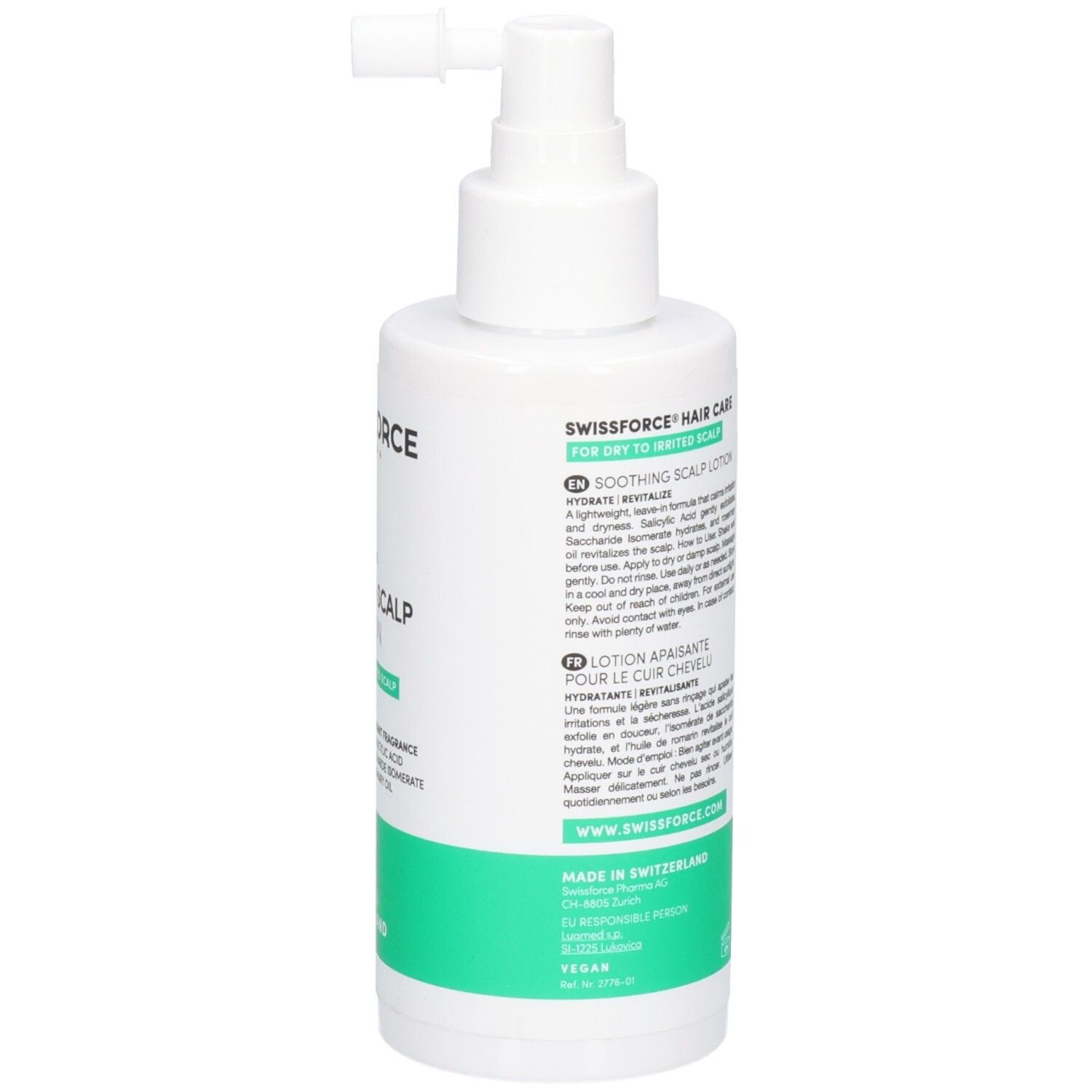Swissforce Pharma Haar-Pflege beruhigendes Kopfhaut-Lotion, Rückseite mit Anwendungshinweisen.