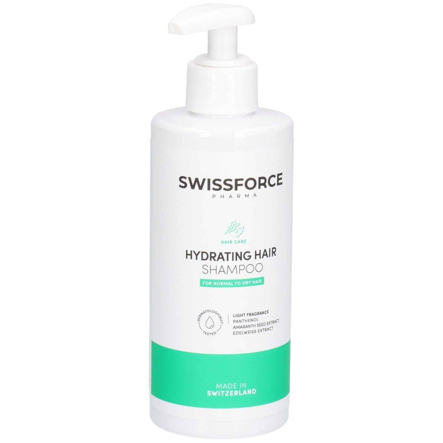 Flacon blanc avec pompe. Inscription: SWISSFORCE, Hydrating Hair Shampoo. Bande verte en bas. Fabriqué en Suisse.
