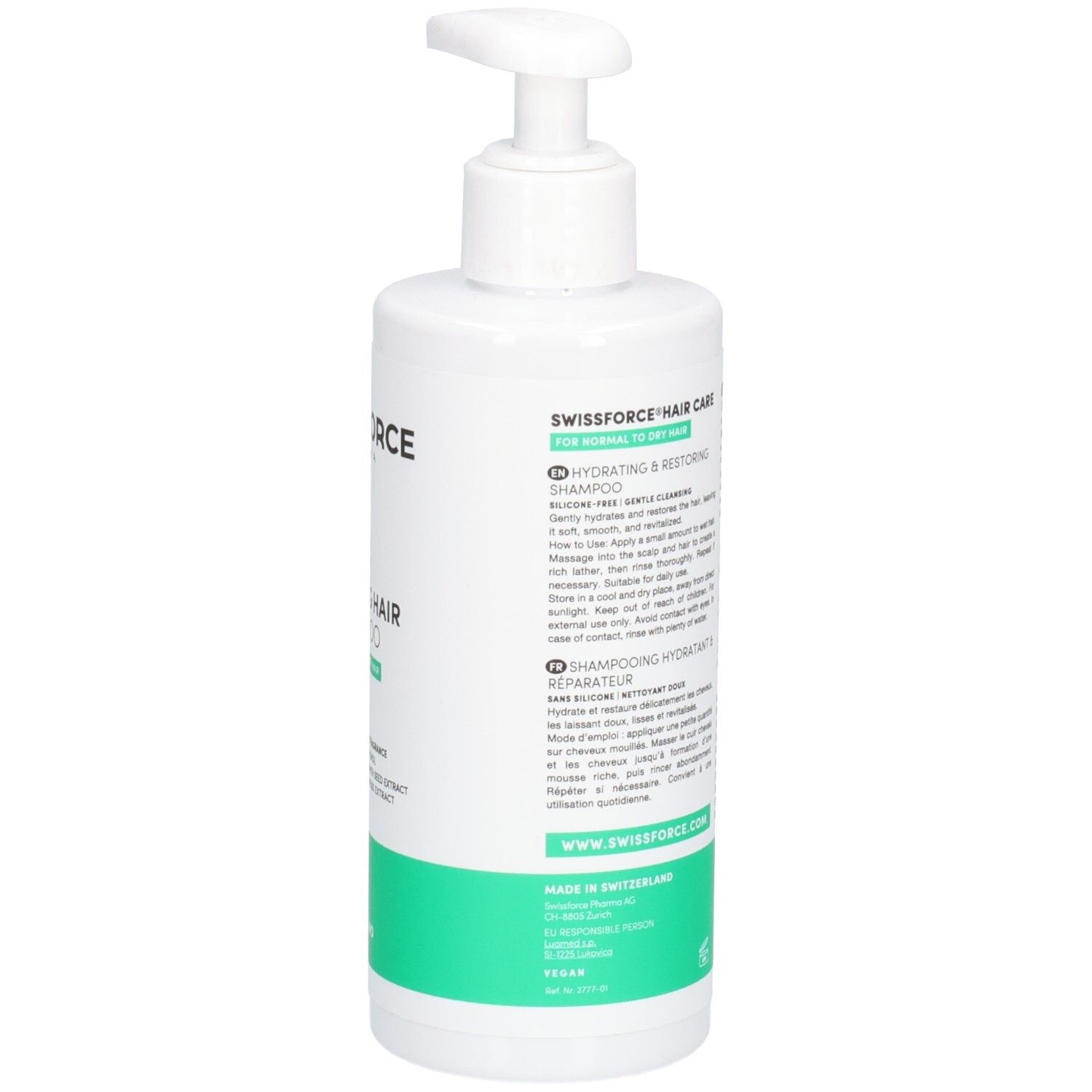 Dos du flacon blanc avec texte. Contient des informations sur le produit. Bande verte en bas. Pompe en haut.