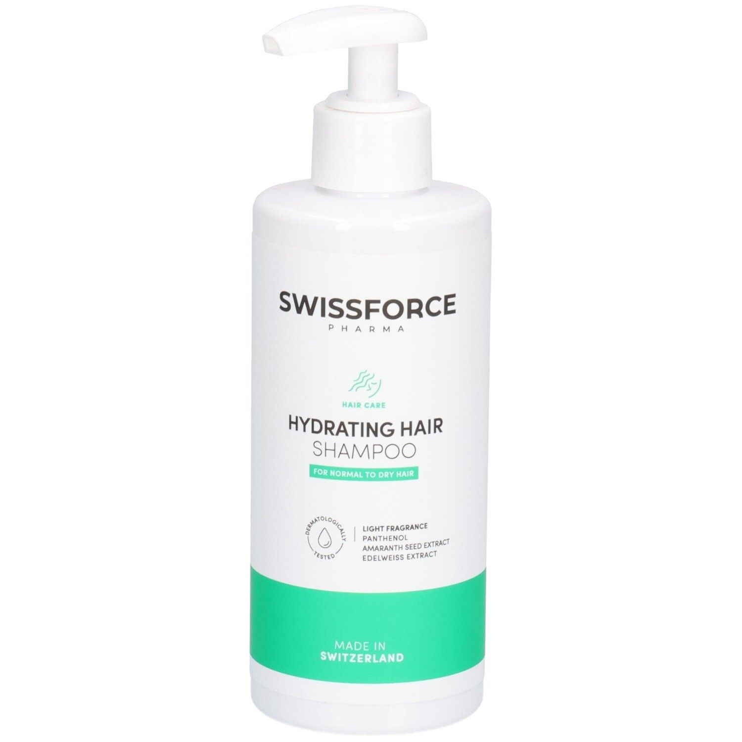 Flacon blanc avec pompe. Inscription: SWISSFORCE, Hydrating Hair Shampoo. Bande verte en bas. Fabriqué en Suisse.