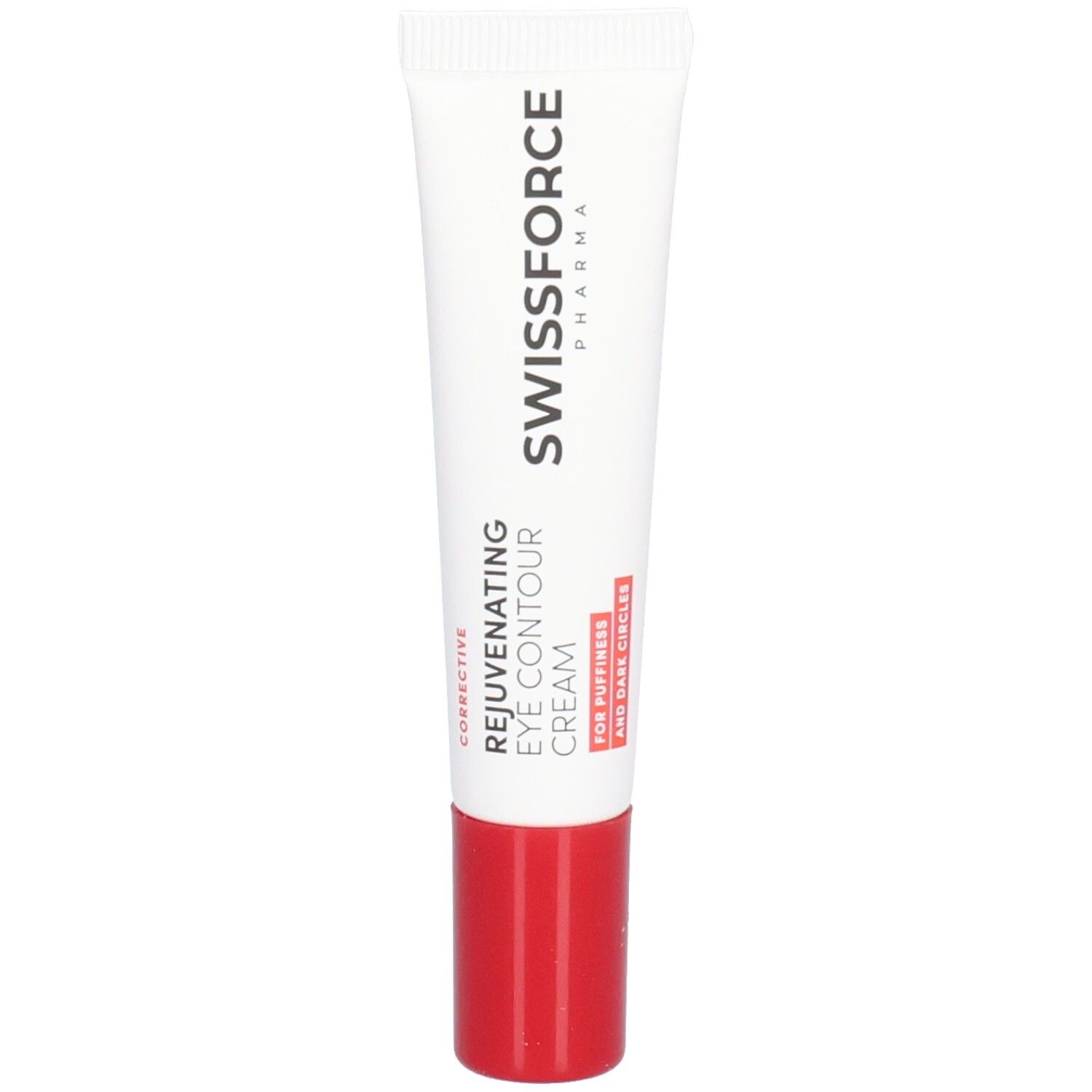 Weiße Tube mit roter Kappe. Aufschrift: SWISSFORCE. Rejuvenating Eye Contour Cream. Für Schwellungen und Augenringe.