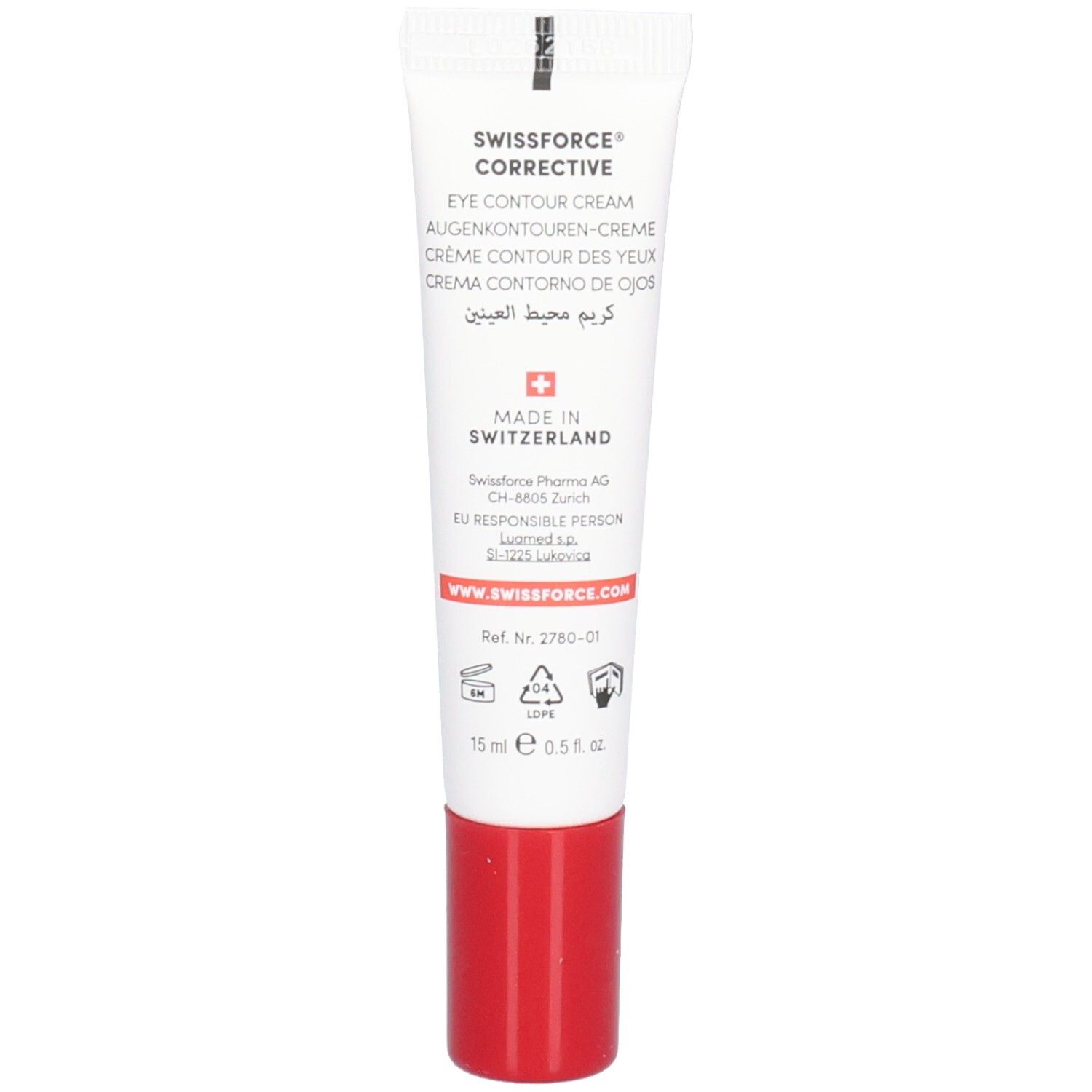 Weiße Tube mit roter Kappe. Aufschrift: SWISSFORCE. Rejuvenating Eye Contour Cream. Hergestellt in der Schweiz. 15 ml.