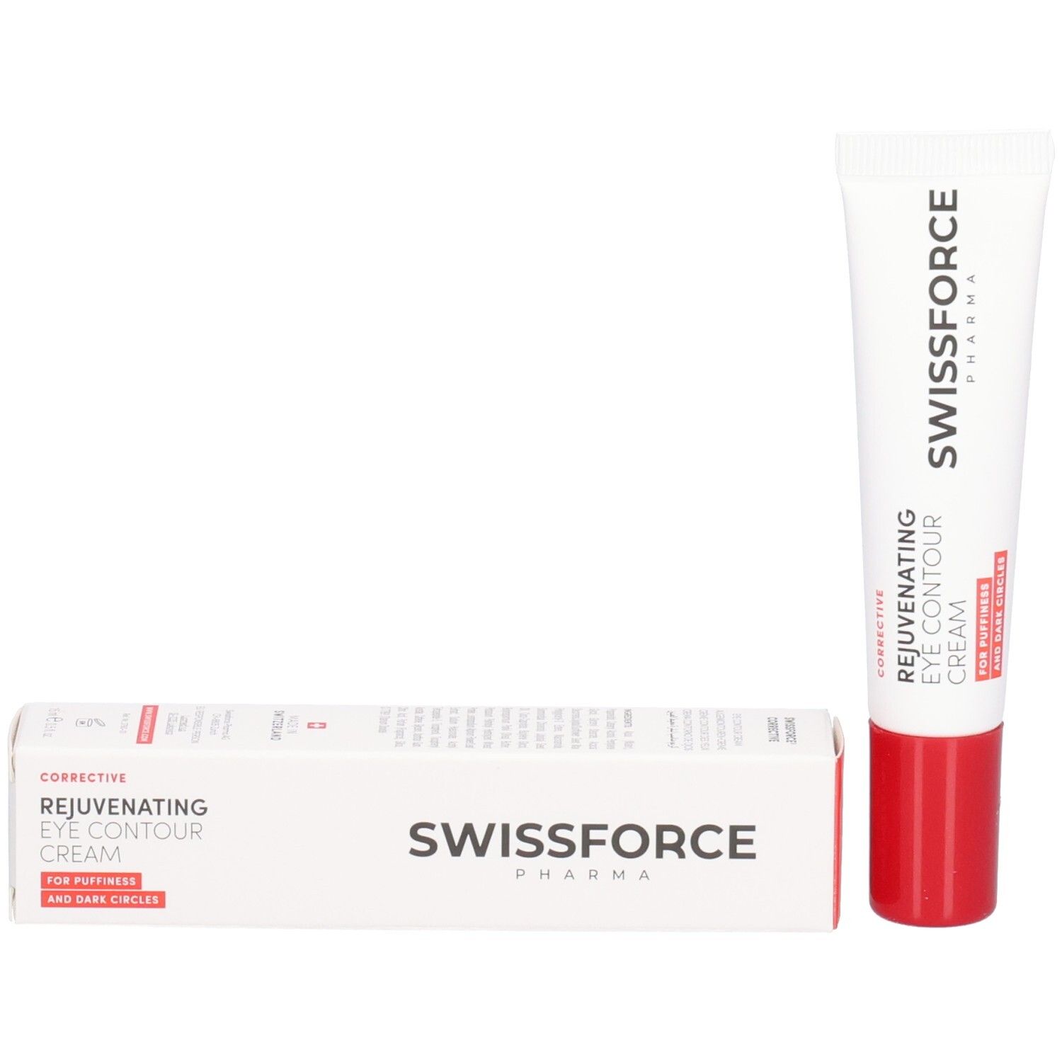 Produktverpackung: Tube und Karton. Tube: weiß mit roter Kappe. Karton: weiß mit roter Schrift. Aufschrift: SWISSFORCE.