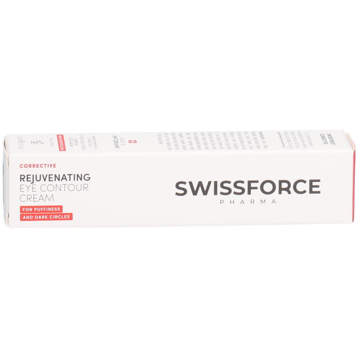 Weißer Karton mit roter Schrift. Aufschrift: SWISSFORCE. Rejuvenating Eye Contour Cream. Für Schwellungen und Augenringe.