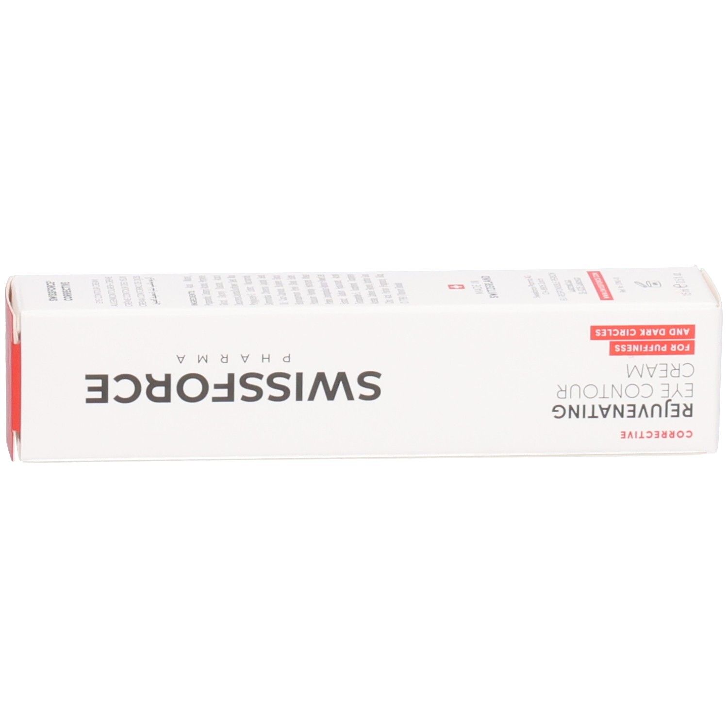 Karton mit Aufschrift: SWISSFORCE. Rejuvenating Eye Contour Cream. Für Schwellungen und Augenringe. Barcode.