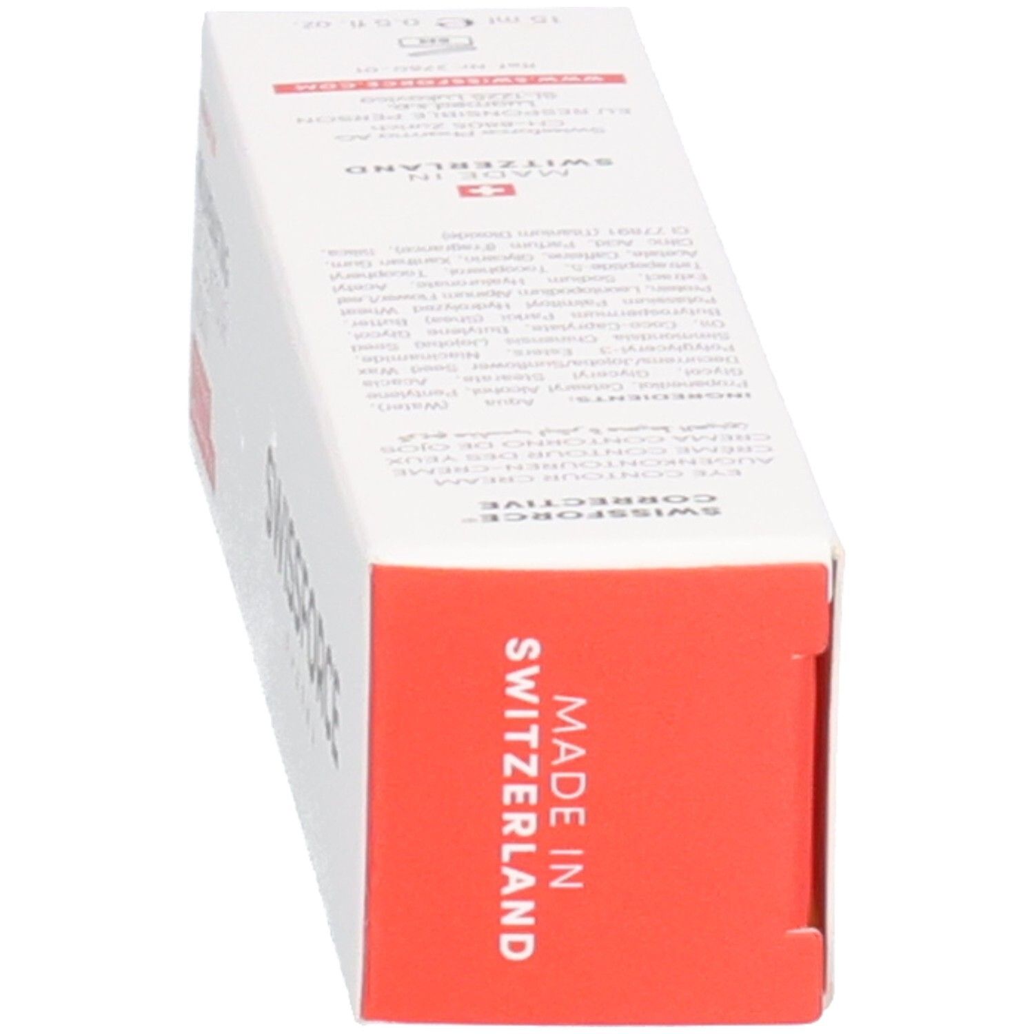 Karton mit Aufschrift: SWISSFORCE. Rejuvenating Eye Contour Cream. Hergestellt in der Schweiz. 15 ml.
