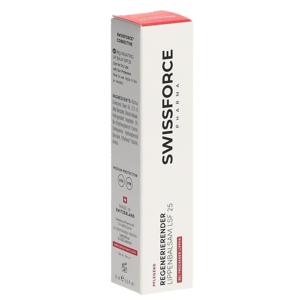 Emballage blanc et rouge SWISSFORCE Pharma. Texte: Baume à lèvres régénérant SPF 25. Ingrédients. Fabriqué en Suisse.