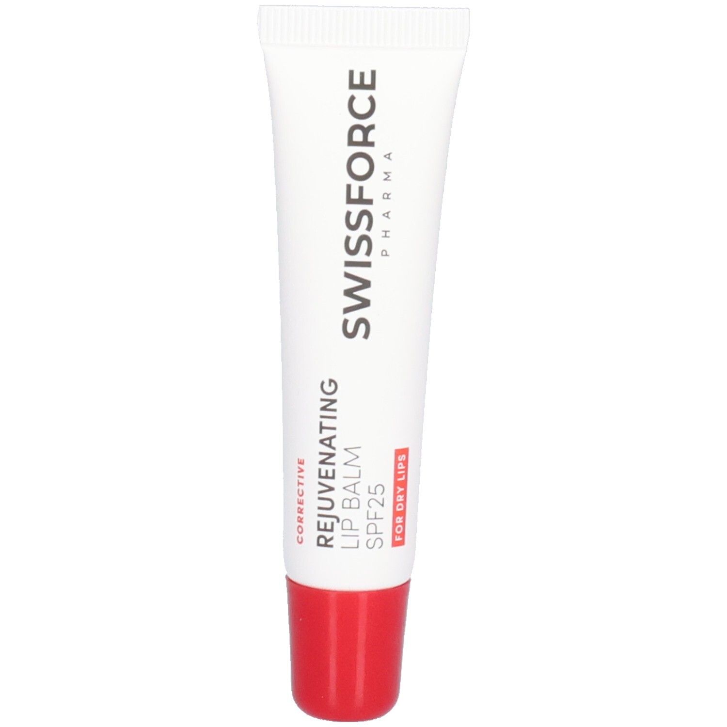Tube blanc avec bouchon rouge. Texte: SWISSFORCE Pharma, Rejuvenating Lip Balm SPF25. Pour les lèvres sèches.