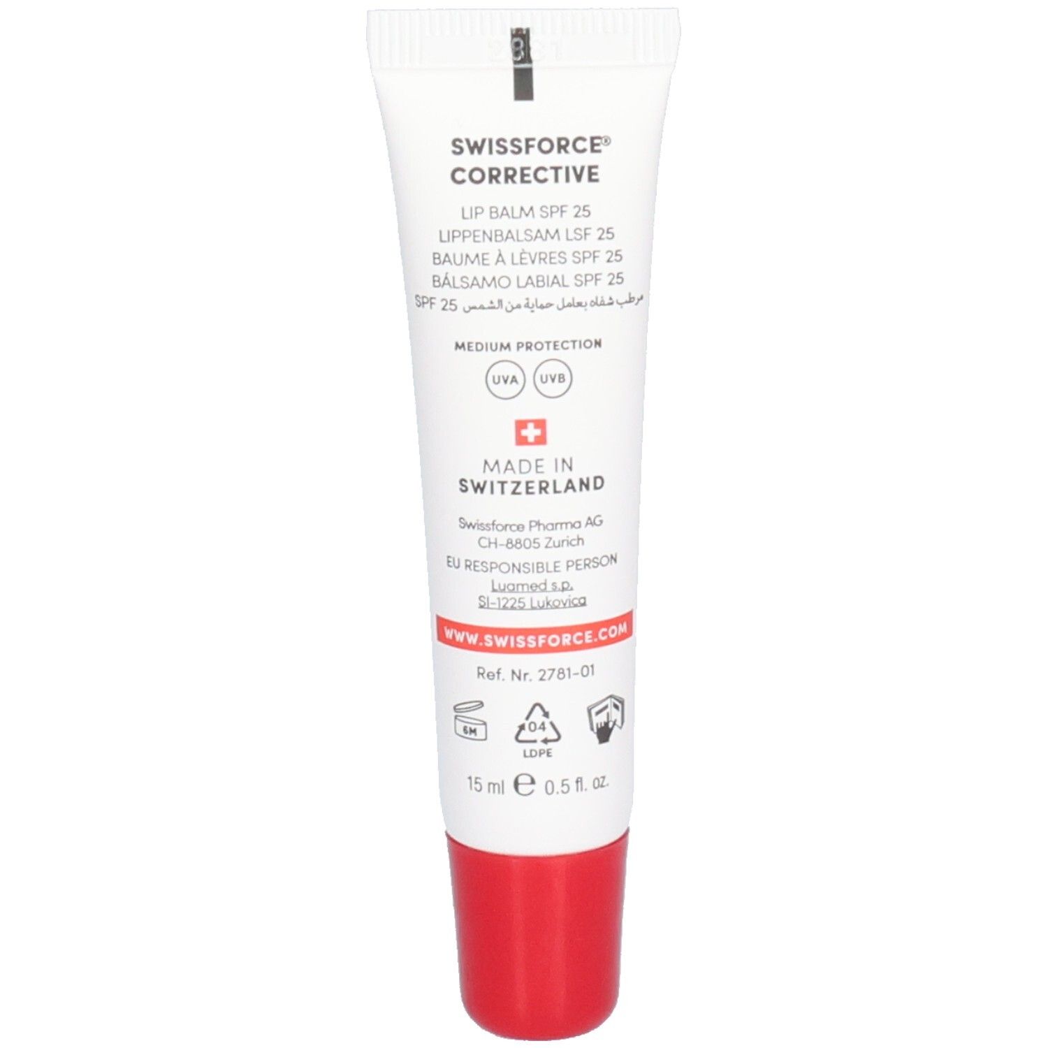 Tube blanc avec bouchon rouge. Texte: SWISSFORCE Corrective Lip Balm SPF 25. Fabriqué en Suisse. 15 ml.