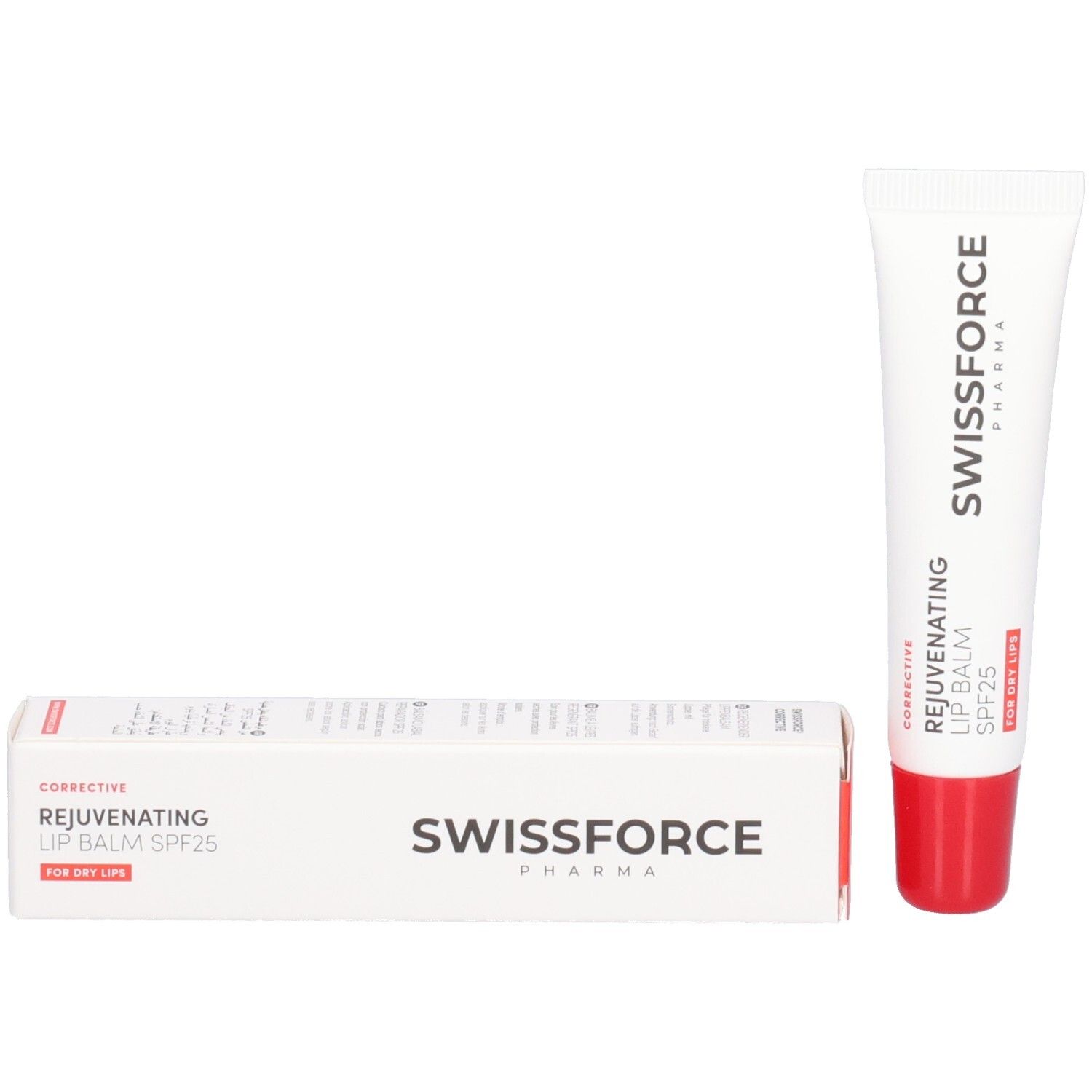 Emballage et tube. Texte: SWISSFORCE, Corrective Rejuvenating Lip Balm SPF25. Pour les lèvres sèches.