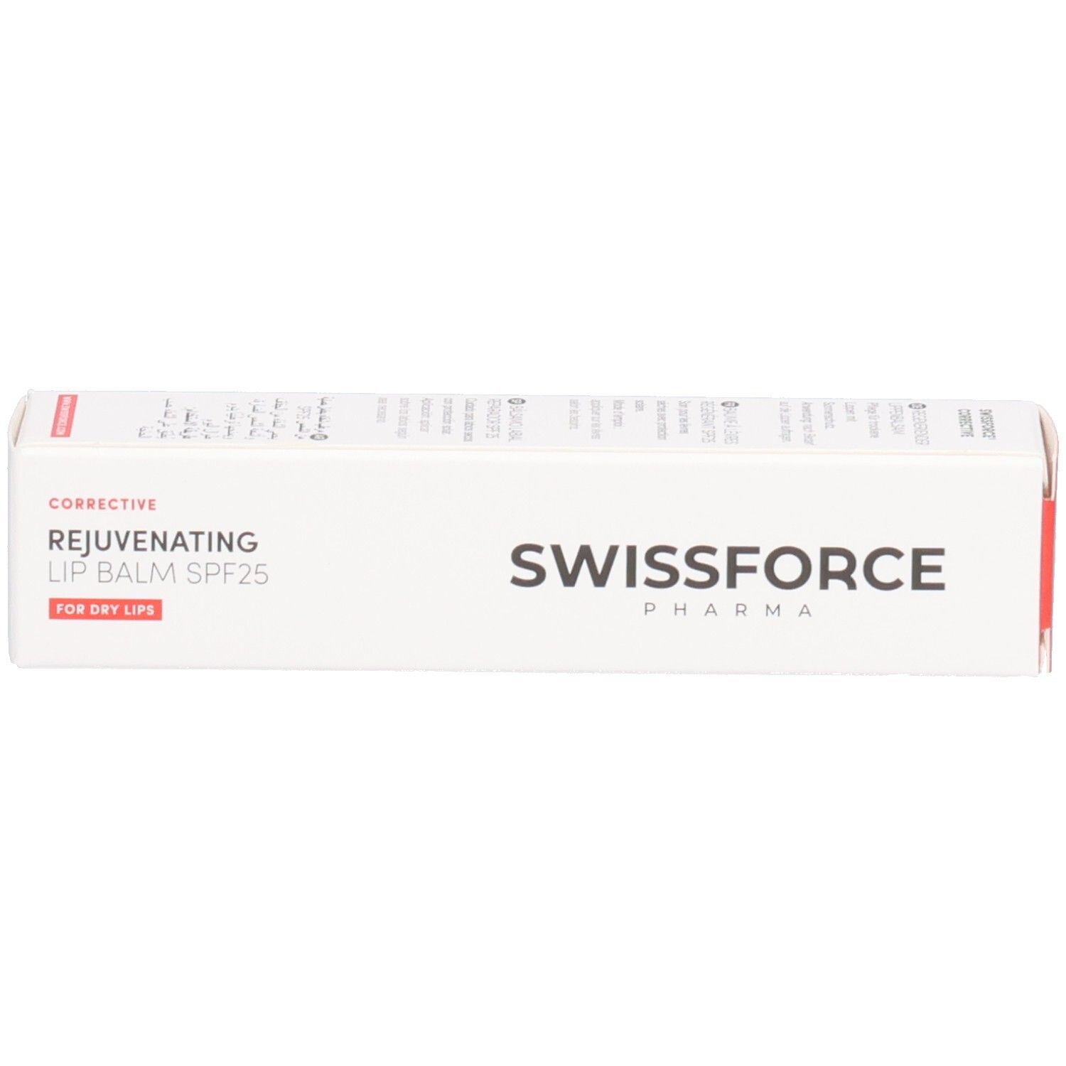Emballage du produit. Texte: SWISSFORCE, Corrective Rejuvenating Lip Balm SPF25. Pour les lèvres sèches.