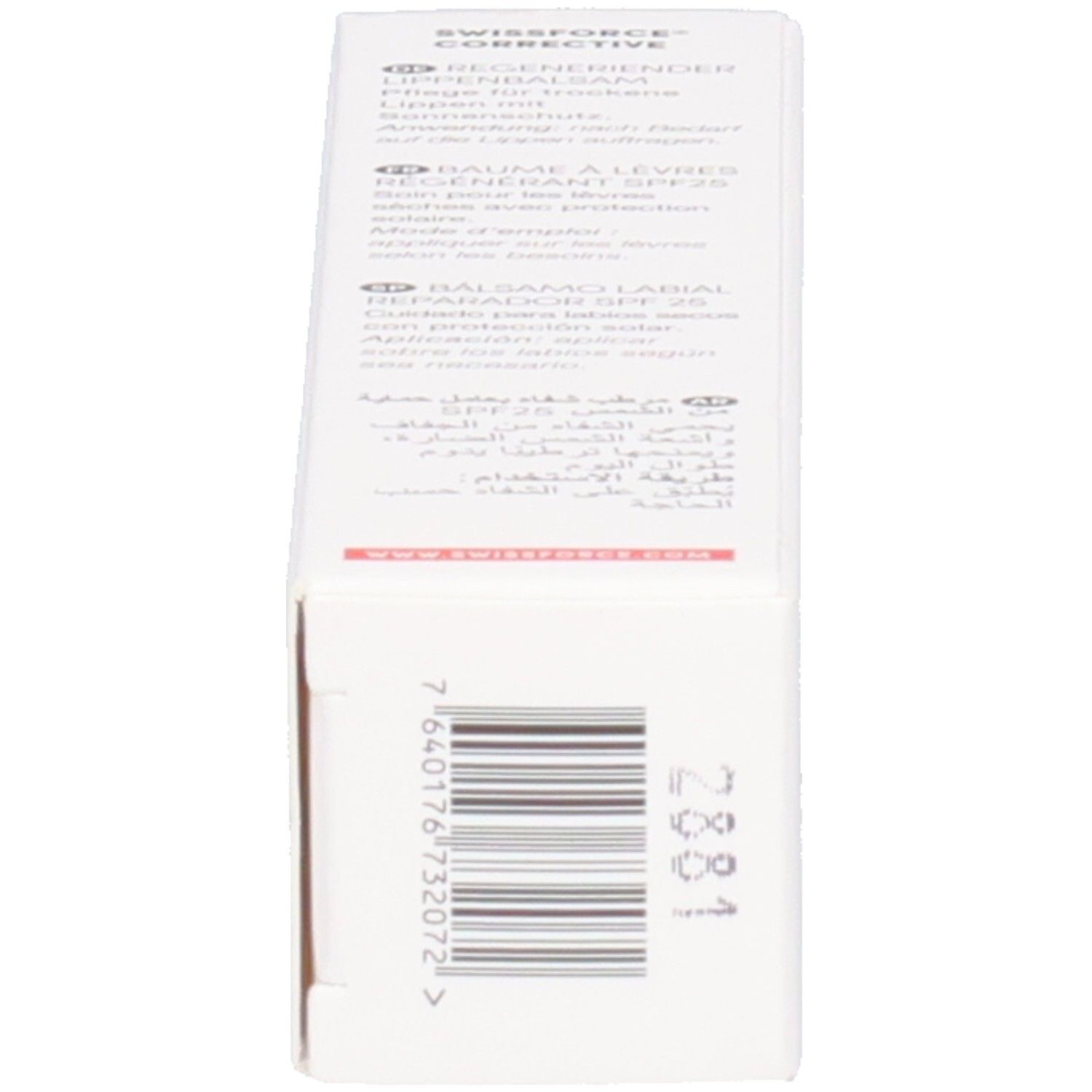 Emballage du produit. Texte: SWISSFORCE, Baume à lèvres régénérant SPF 25. Code-barres et autres informations.