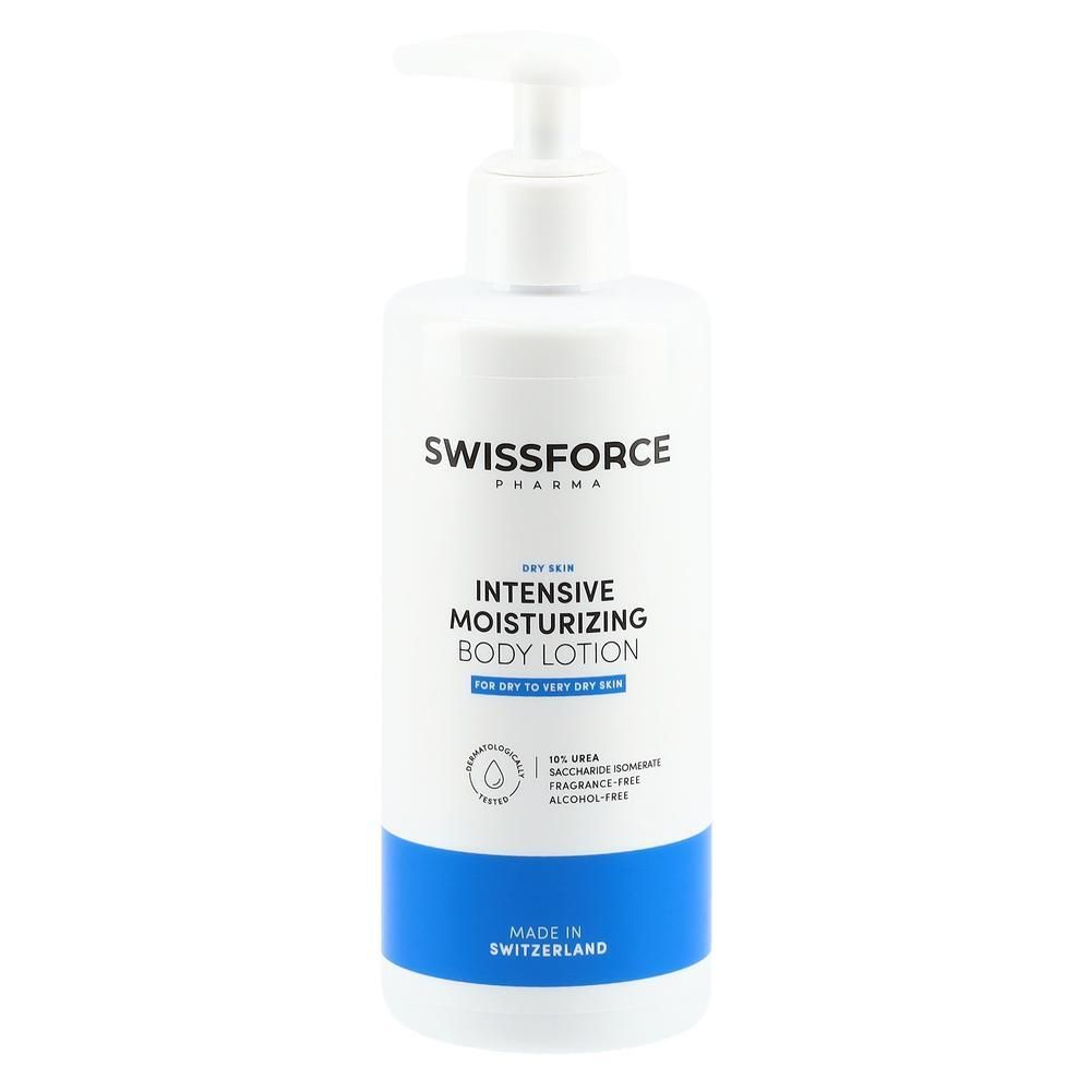 Weiße Flasche mit Spender. Aufschrift: SWISSFORCE, Intensive Moisturizing Body Lotion. Für trockene Haut. Hergestellt in der Schweiz.