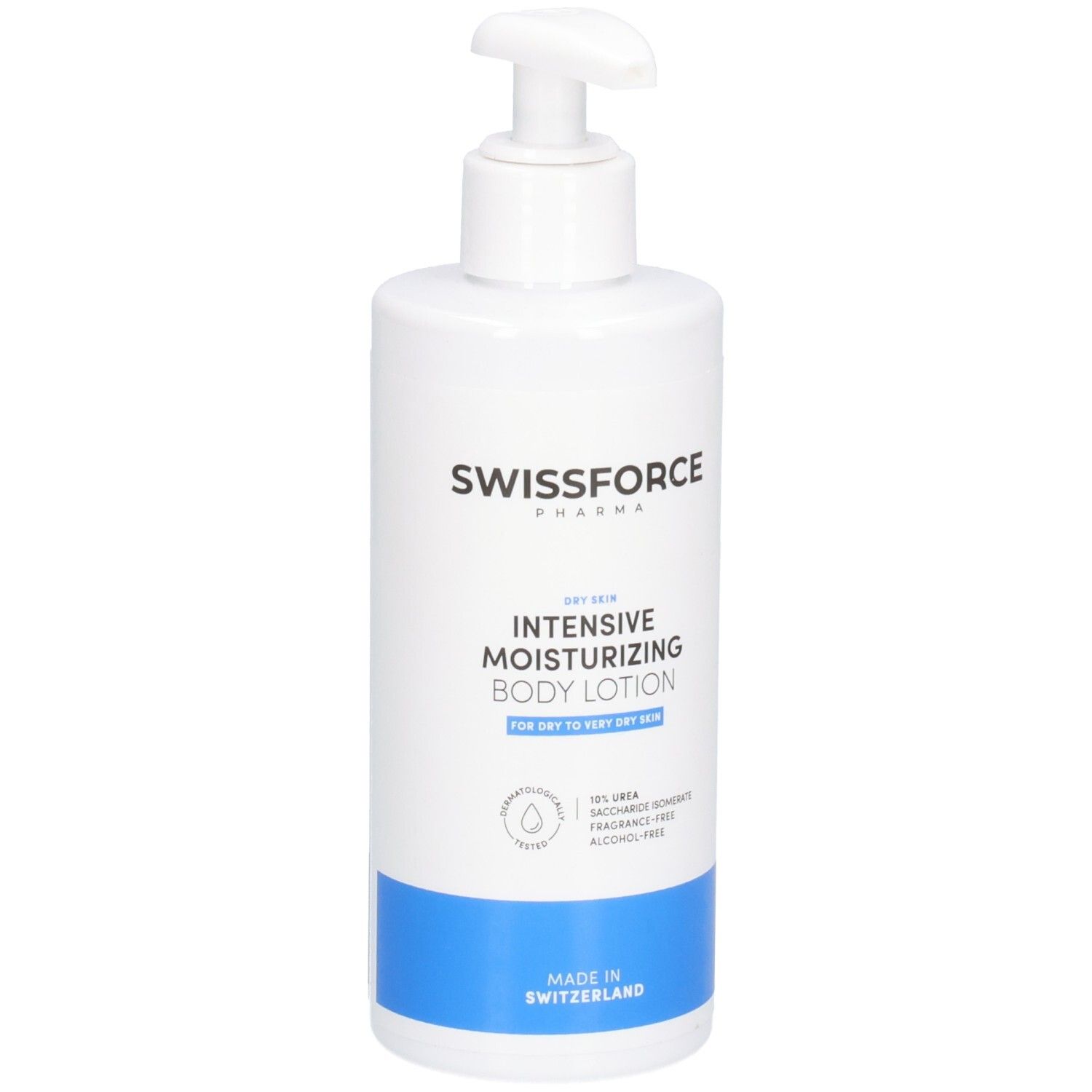 Weiße Flasche mit Spender. Aufschrift: SWISSFORCE, Intensive Moisturizing Body Lotion. Für trockene Haut. Hergestellt in der Schweiz.