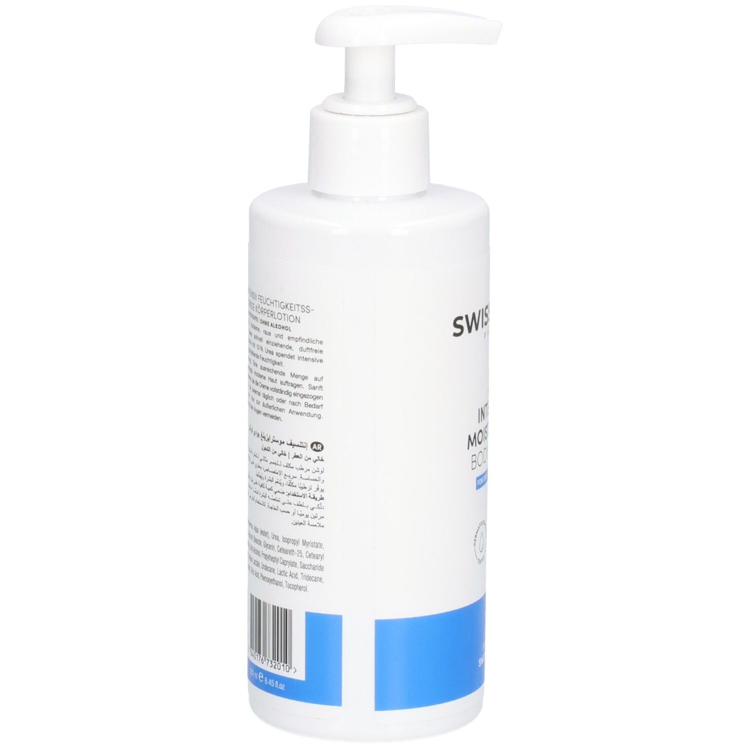 Rückseite der weißen Flasche. Text in mehreren Sprachen. Barcode. Blaue Markierung am unteren Rand. Hergestellt in der Schweiz.