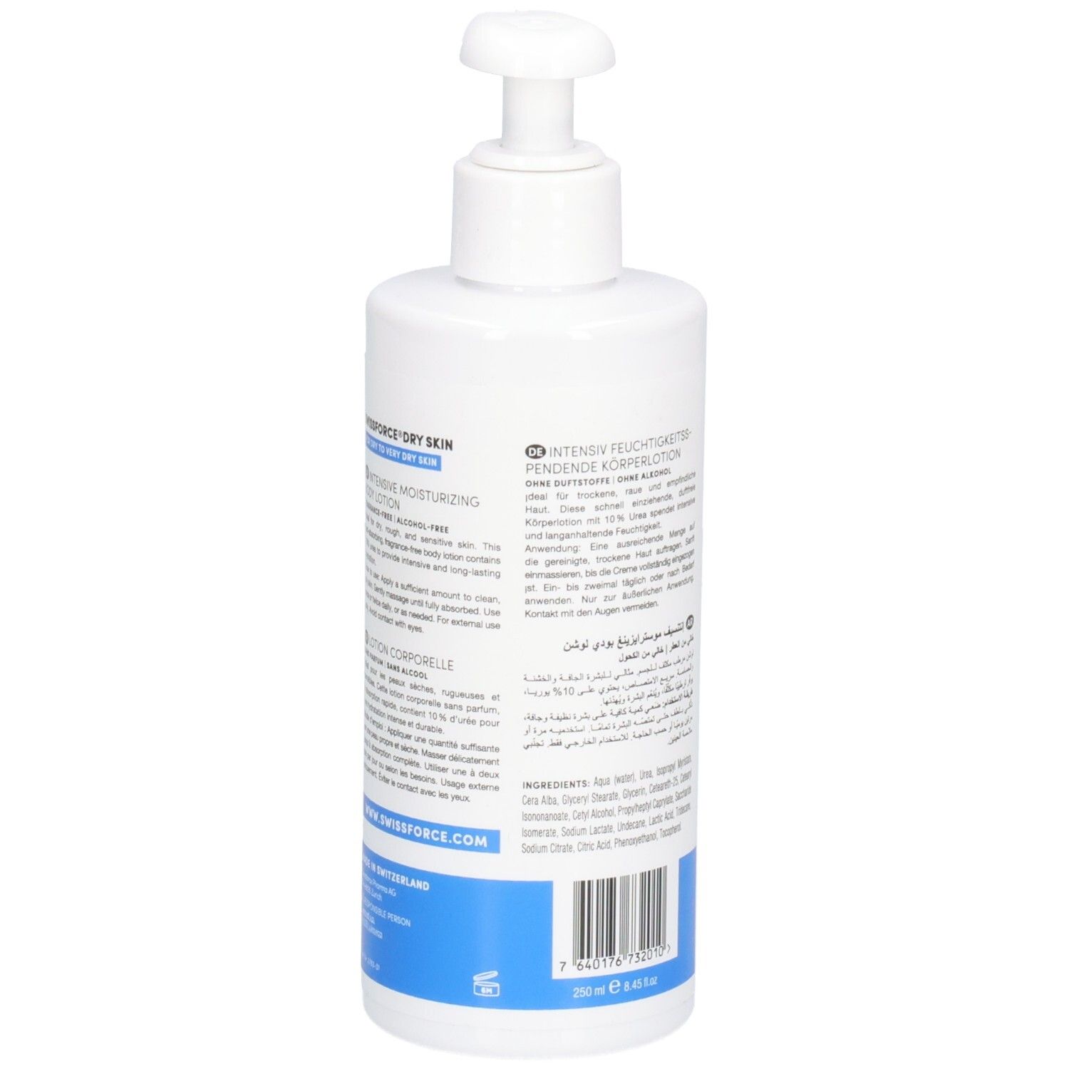 Rückseite der weißen Flasche. Text in mehreren Sprachen. Barcode. Blaue Markierung am unteren Rand. Hergestellt in der Schweiz.