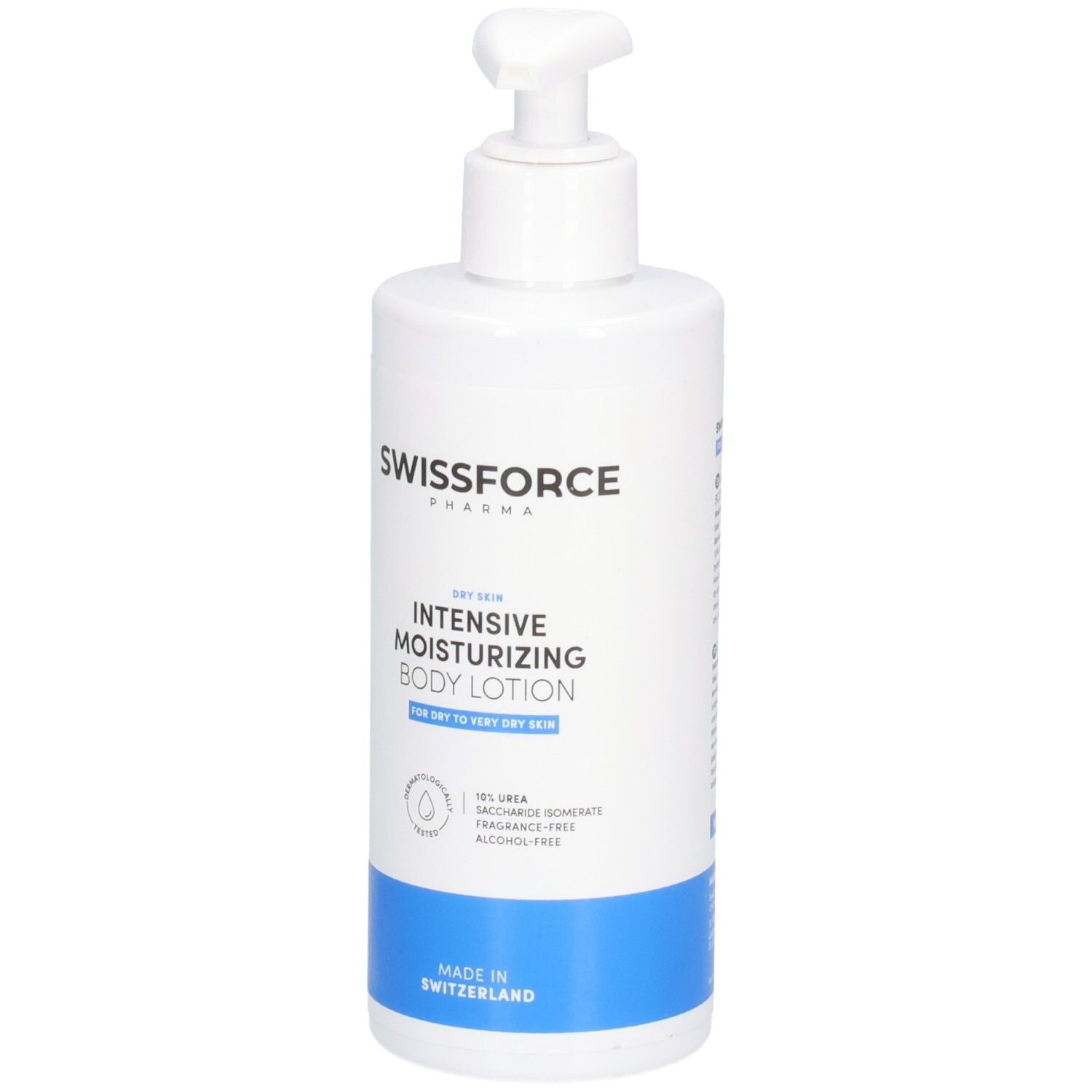 Weiße Flasche mit Spender. Aufschrift: SWISSFORCE, Intensive Moisturizing Body Lotion. Für trockene Haut. Hergestellt in der Schweiz.