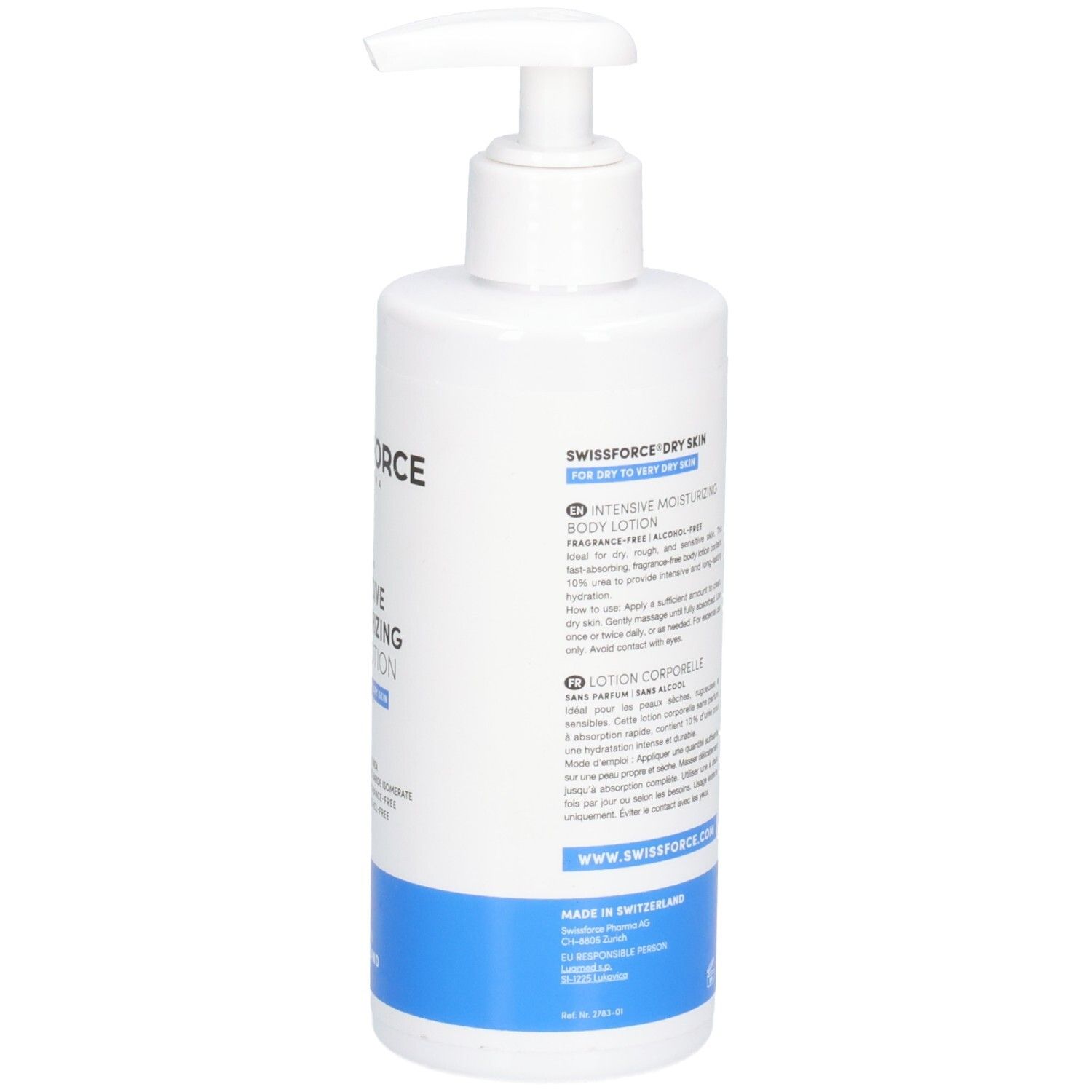 Rückseite der weißen Flasche. Text in mehreren Sprachen. Barcode. Blaue Markierung am unteren Rand. Hergestellt in der Schweiz.