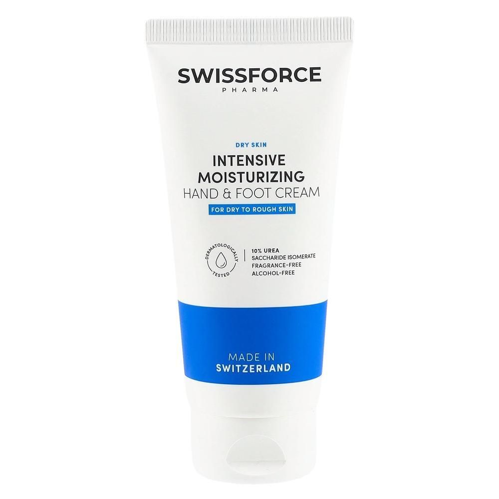 Weiße Tube mit blauem Streifen. Aufschrift: SWISSFORCE, INTENSIVE MOISTURIZING HAND & FOOT CREAM. Für trockene Haut. Dermatologisch getestet.