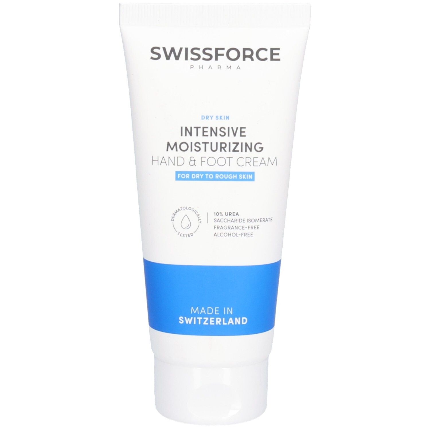 Rückseite der Tube. Text in Deutsch, Englisch und Arabisch. Enthält Inhaltsstoffe. Marke: SWISSFORCE. Hergestellt in der Schweiz. 100 ml.