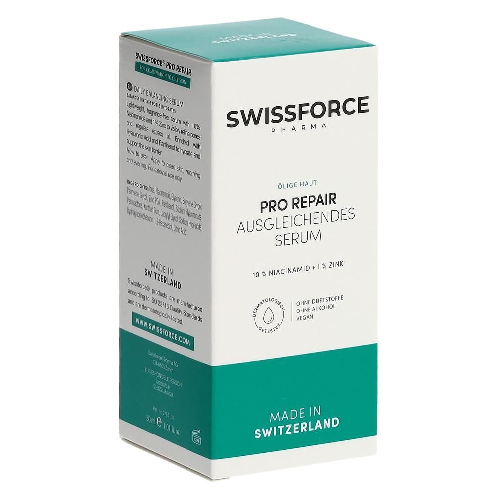 Karton mit Serum. Aufschrift: SWISSFORCE Pharma, PRO REPAIR Ausgleichendes Serum, 10% Niacinamid + 1% Zink. Hergestellt in der Schweiz.